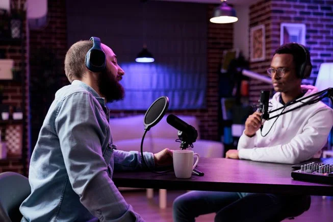 Two men in a recording studio with microphones, wearing headphones, speaking into microphones, with a coffee mug on the table