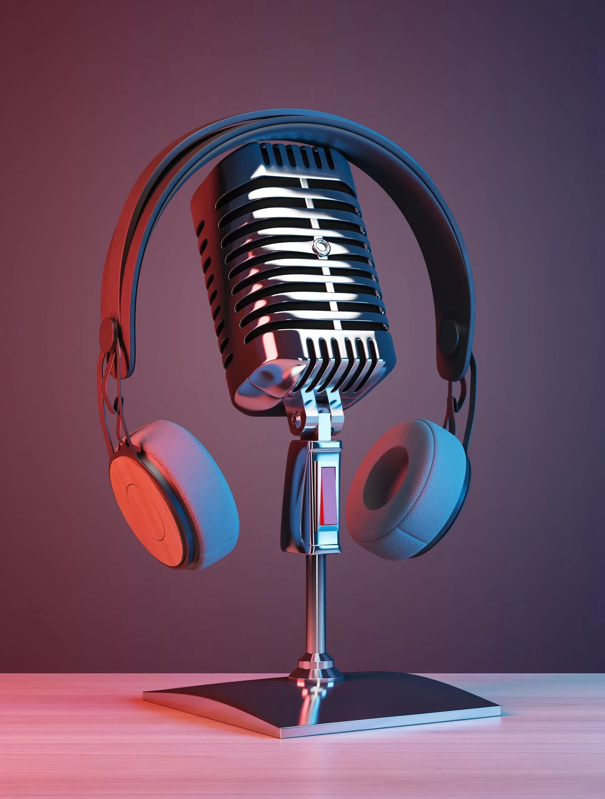 Close-up of a vintage-style microphone with headphones hanging on a stand, set against a gradient background.