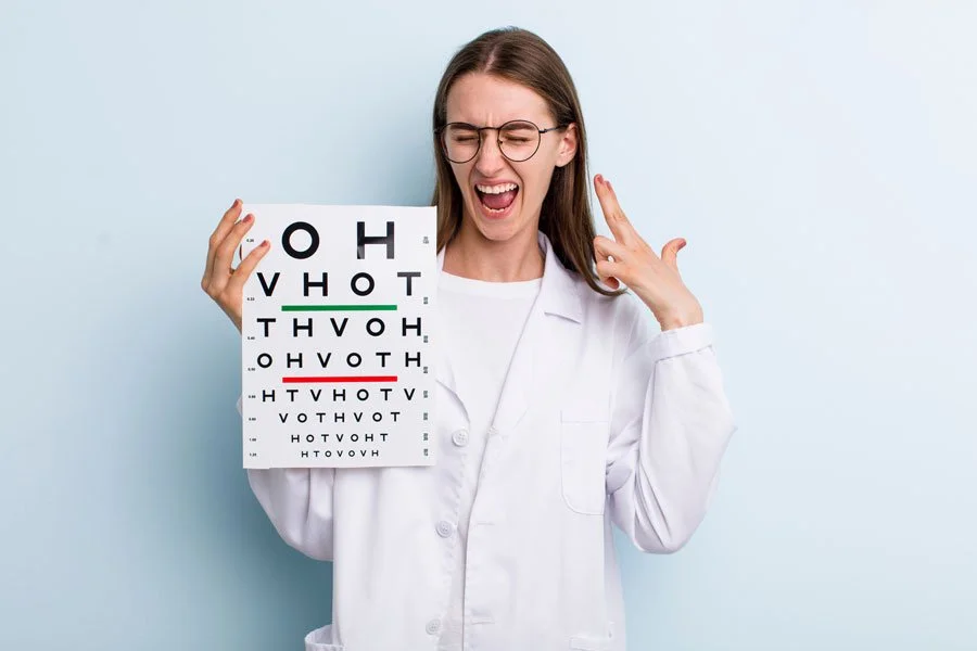 Woman in white coat holding eye chart and crying or shouting, making a humorous facial expression.