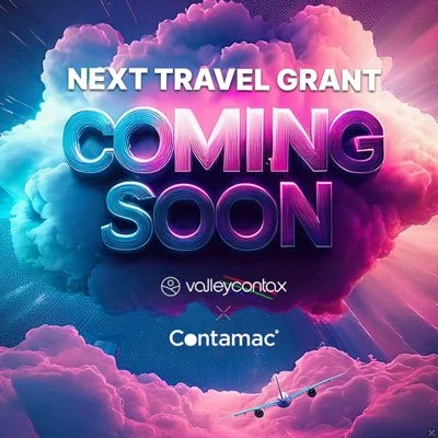 Colorful digital graphic with pink, purple, and blue clouds and an airplane flying below. Text reads "Next Travel Grant Coming Soon" with logos of Valley Contax and Contamac.