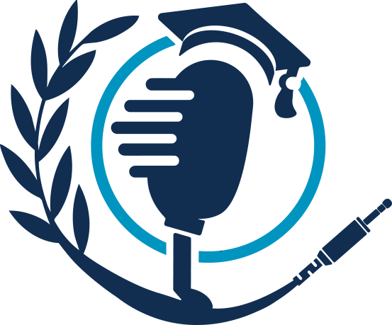 A logo featuring a stylized graduation cap, and a laurel branch.