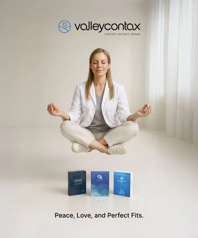 A woman practicing meditation, sitting cross-legged in a white room with a curtain, with valley contax logo on the wall behind her, and contact lens products in front of her, accompanied by the slogan 'Peace, Love, and Perfect Fits.'
