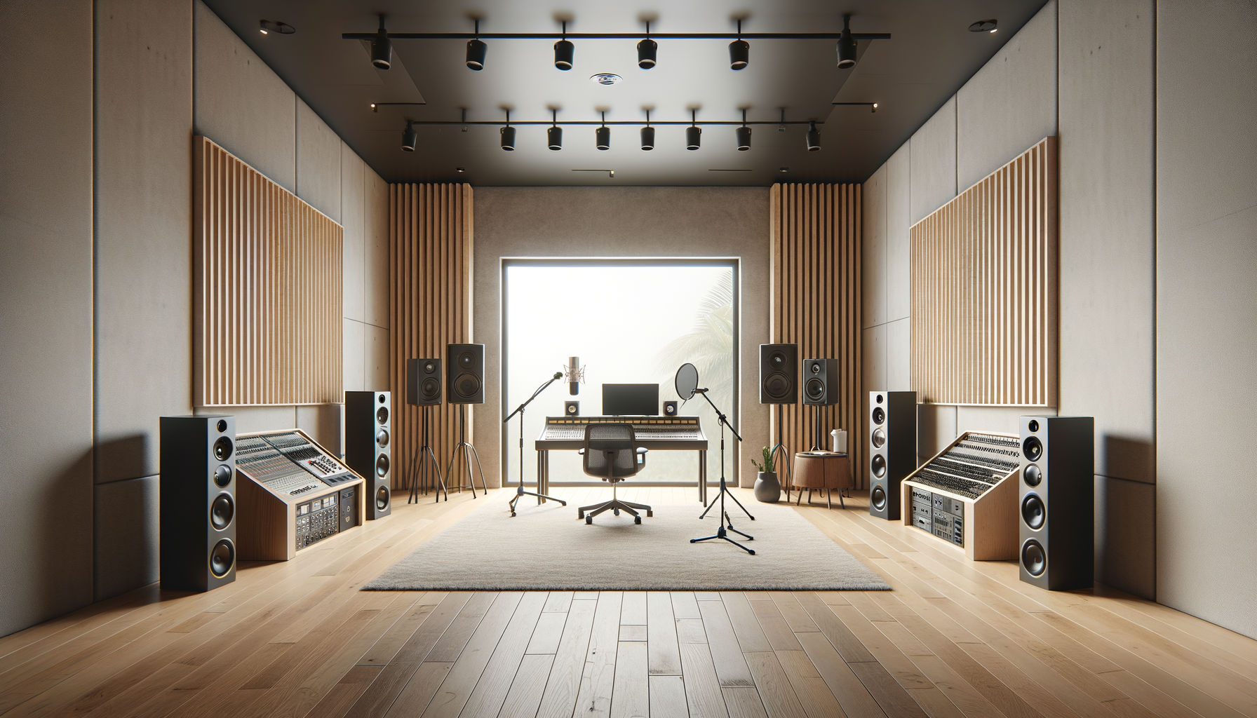 Recording studio with a large window, multiple speakers, microphones, and a keyboard on a desk, wood floors, and acoustic panels on the walls.