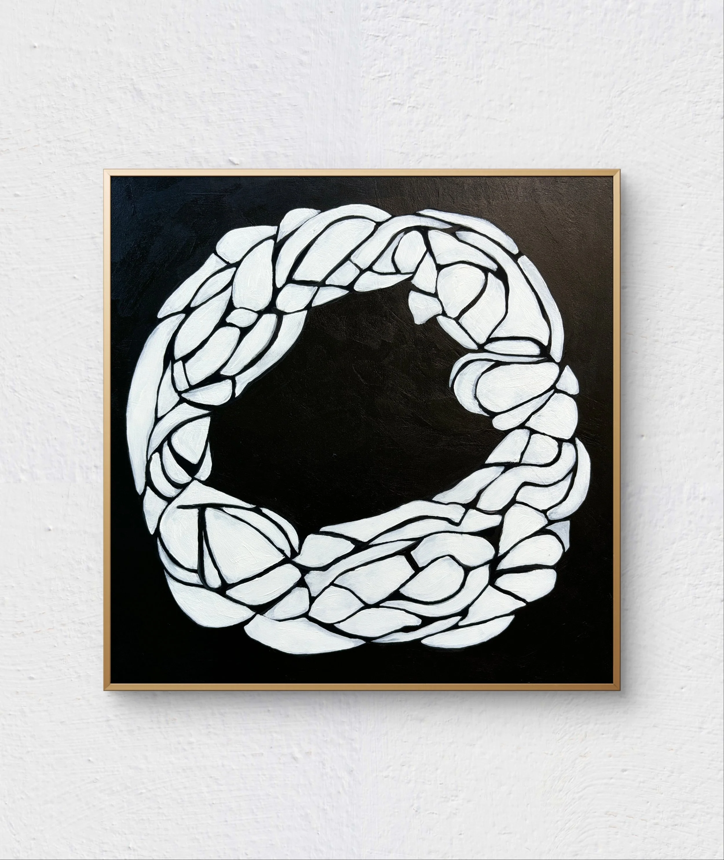 Shoals by Calie Durant, a black-and-white abstract painting featuring a looping ring of organic, segmented shapes on a dark background.