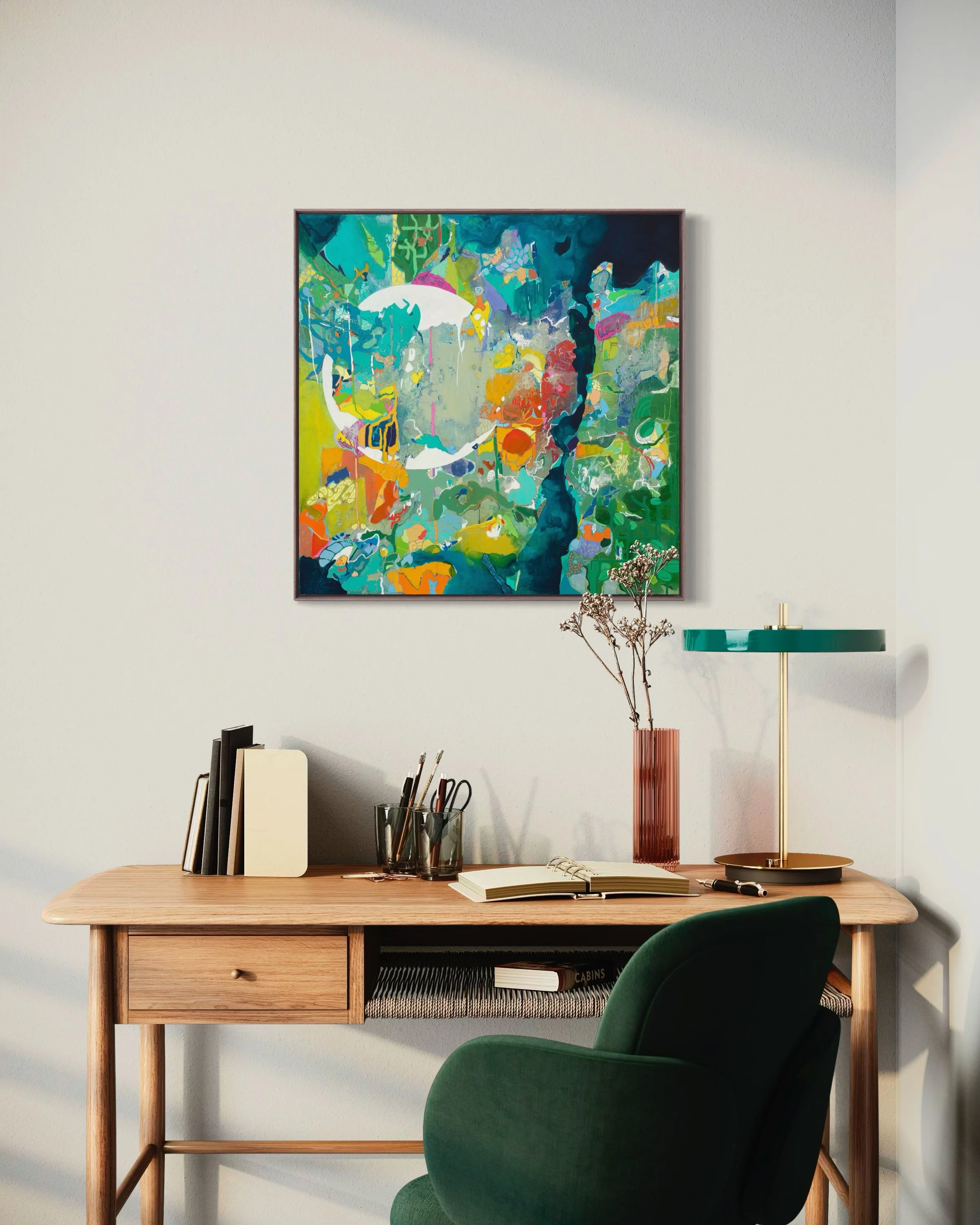 Unbecoming by Calie Durant installed above a desk in a mid-century modern interior, showcasing a contemporary abstract painting with layered texture and raw, expressive details.