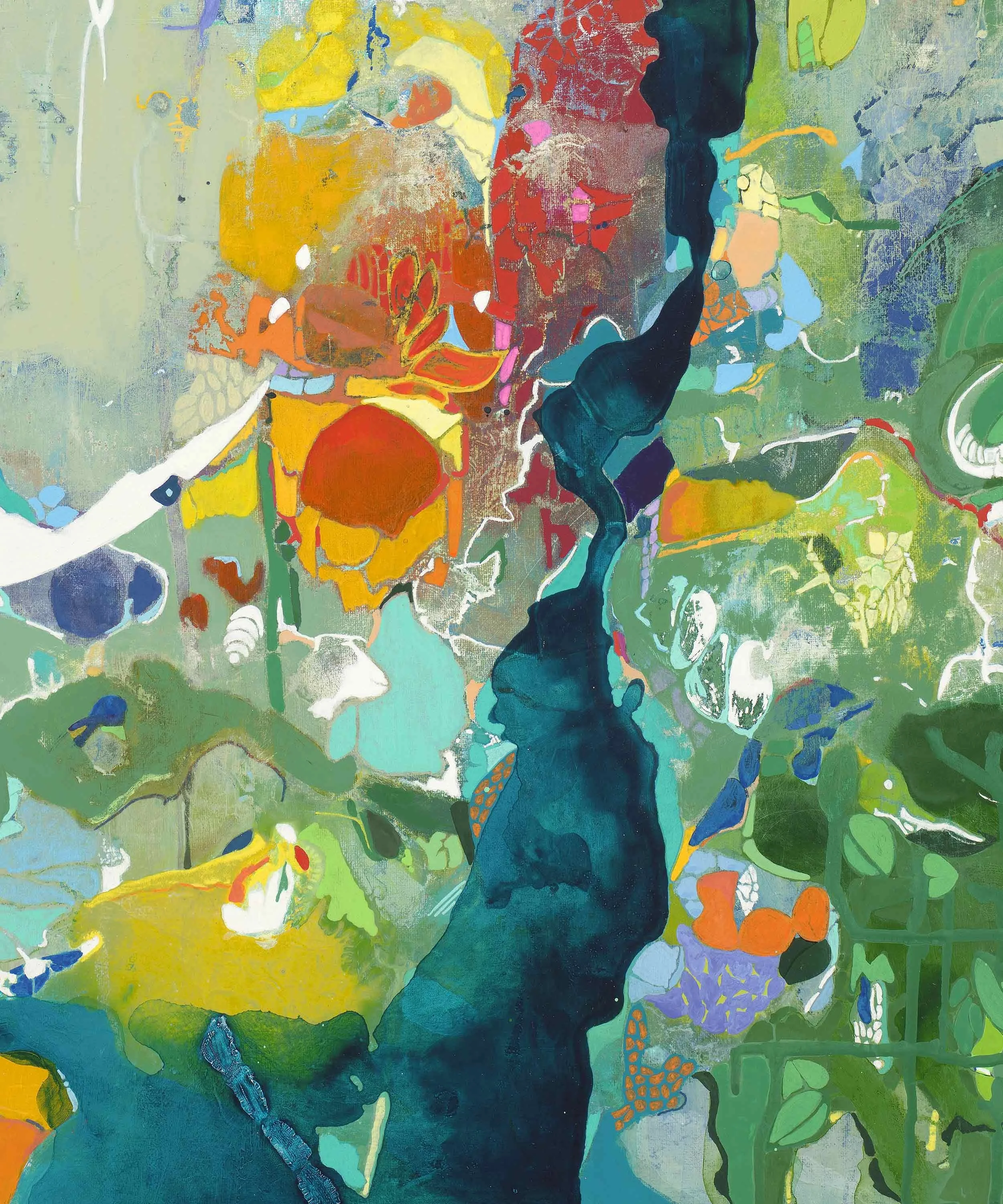 Detail view of Unbecoming by Calie Durant, showing layered abstract marks, raw texture, and visible sanded scratches that emphasize process and imperfection in contemporary Hawaiian art.