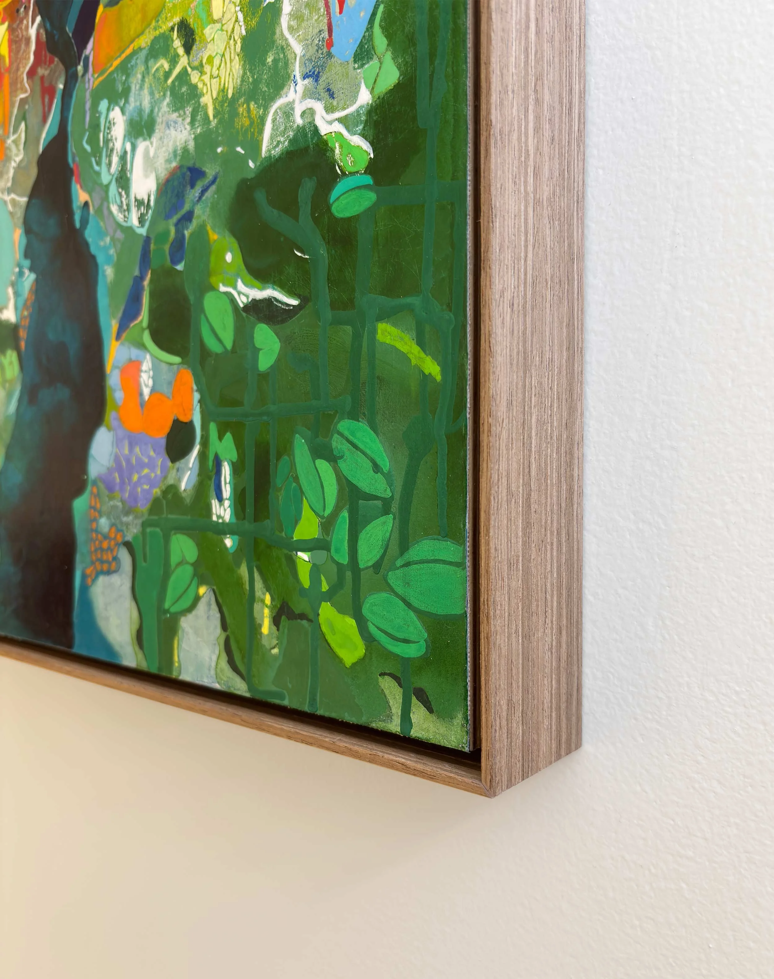 Corner detail of Unbecoming by Calie Durant, highlighting the framed edge, textured surface, and intentional sanding marks in a contemporary abstract painting.