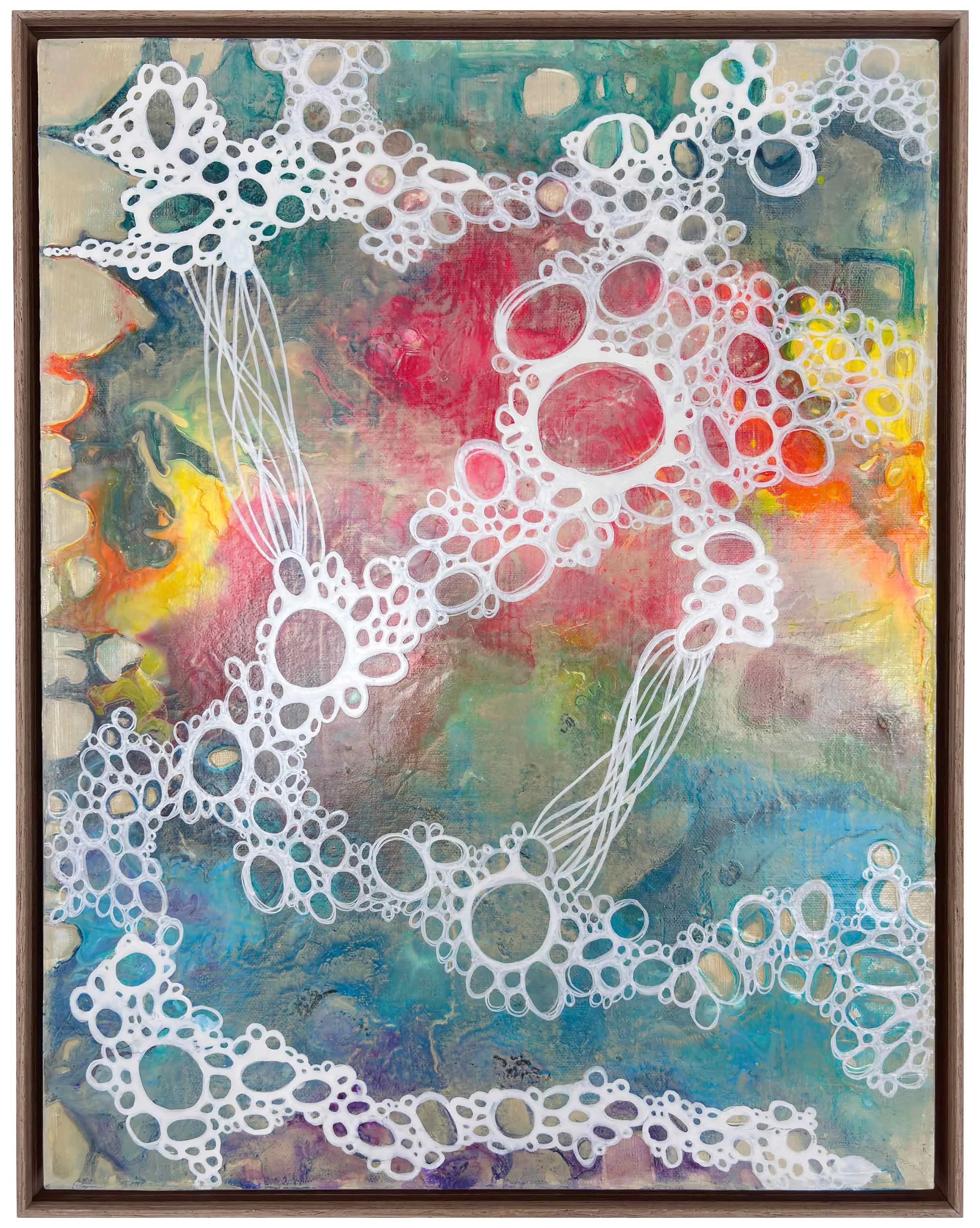 Abstract painting “Reflection” by Calie Durant, featuring layered color and expressive movement, photographed in natural light.