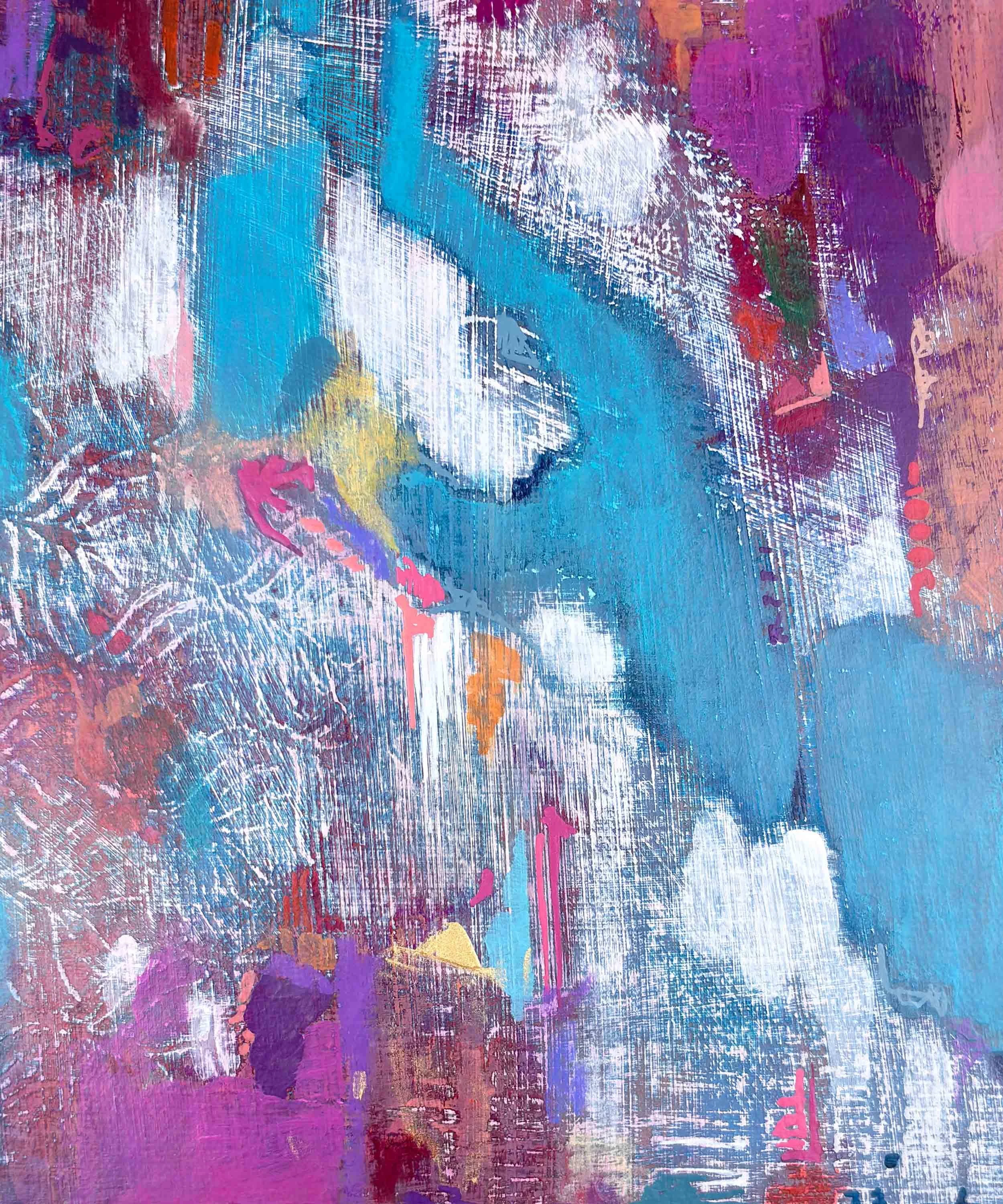 Close-up detail of “Drift of Blue” abstract painting by Calie Durant, highlighting textured acrylic layers and subtle blue variations.