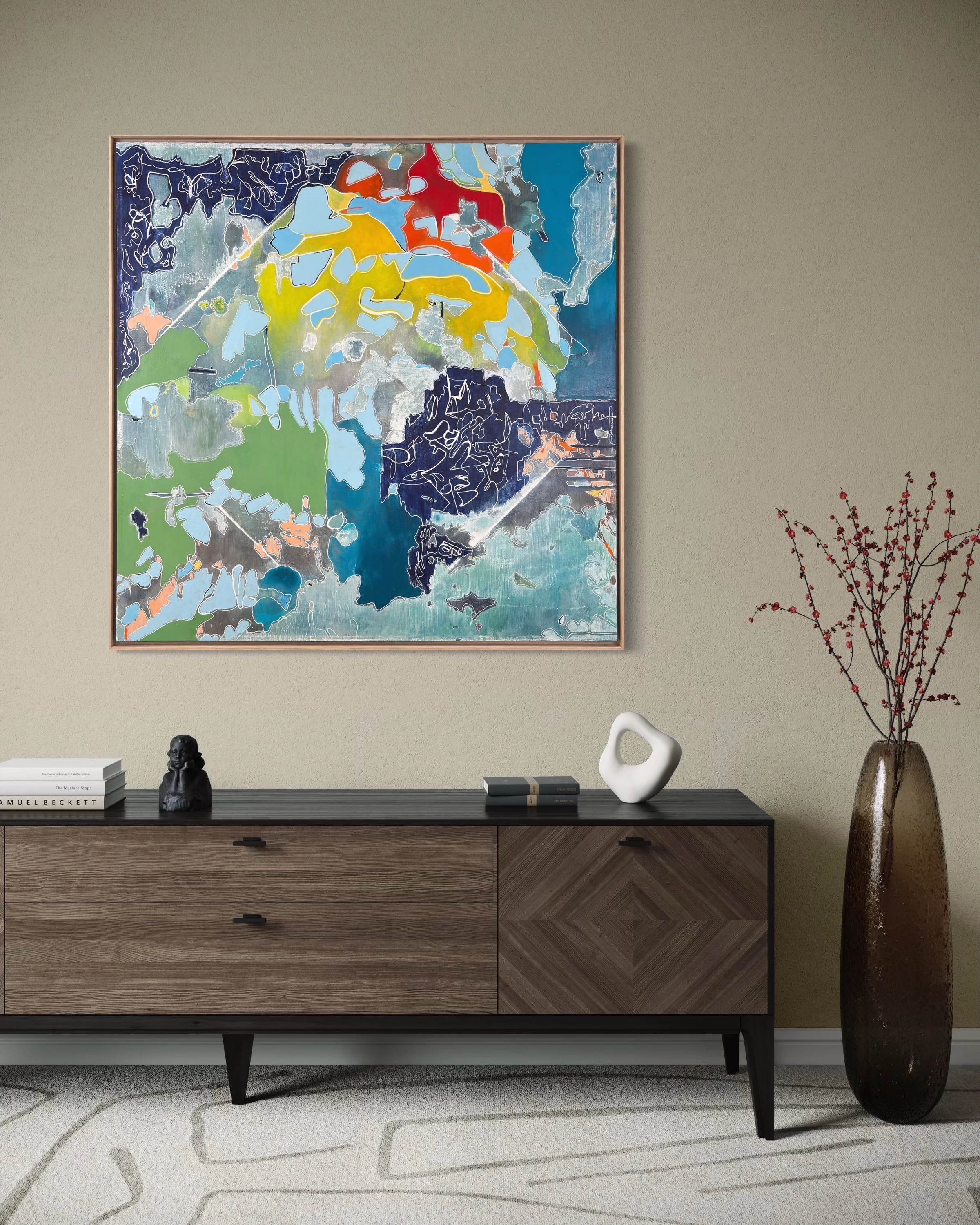 Kaleidoscope by Calie Durant displayed in a modern living room, showing the artwork framed and styled in a curated interior.