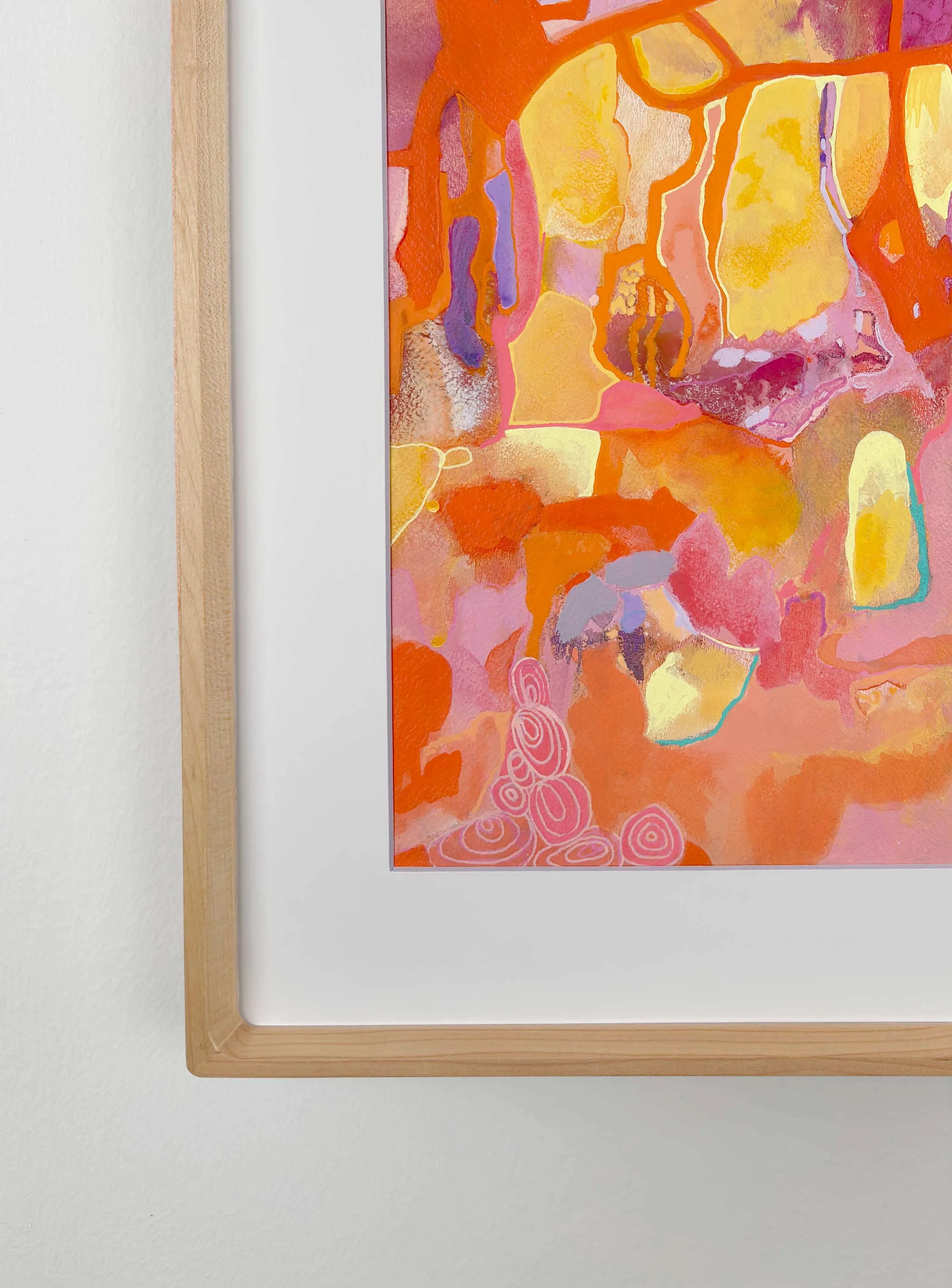 Framed corner detail of “Sunset I” by Calie Durant, showing fine art paper and frame edge.