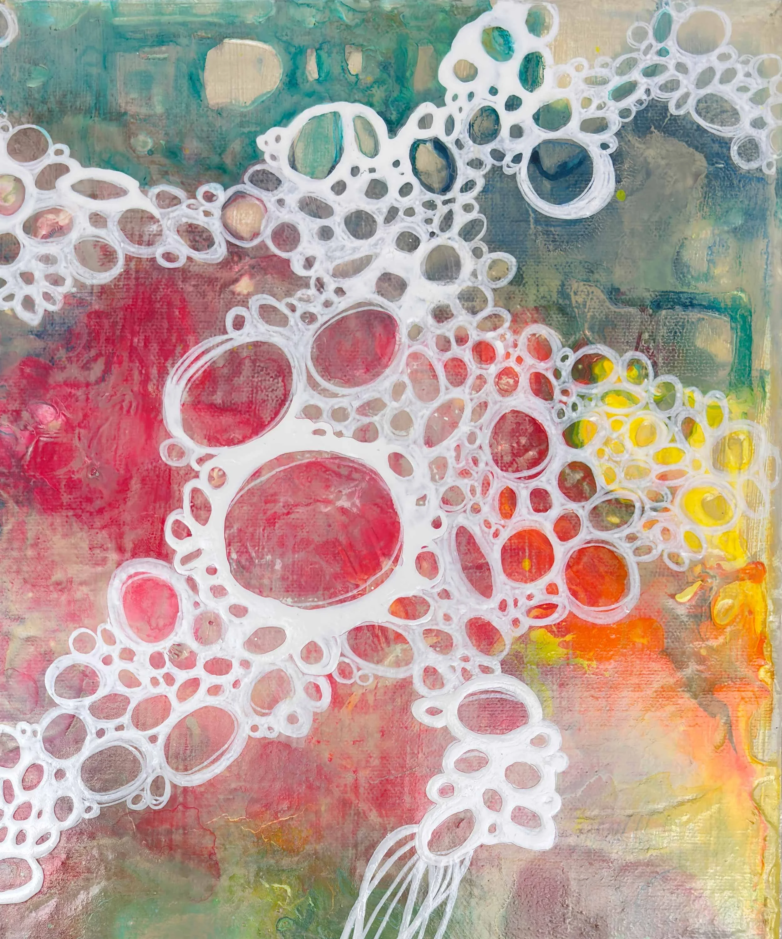 Close-up detail of “Reflection” abstract painting by Calie Durant, highlighting textured acrylic layers and subtle color transitions.