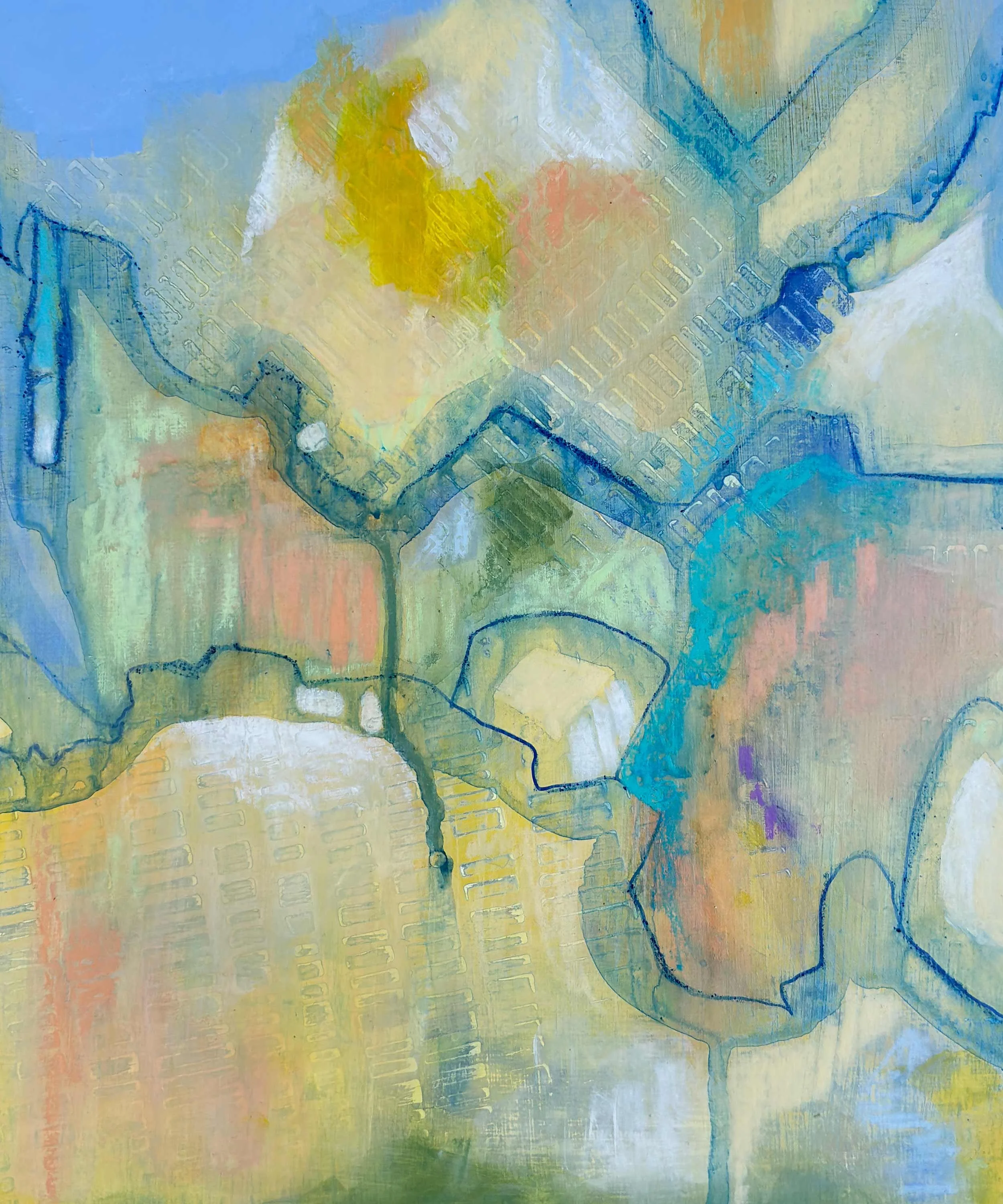 Close-up detail of the abstract painting “Echoes of Light II” by Calie Durant, highlighting texture, subtle color transitions, and brushwork.