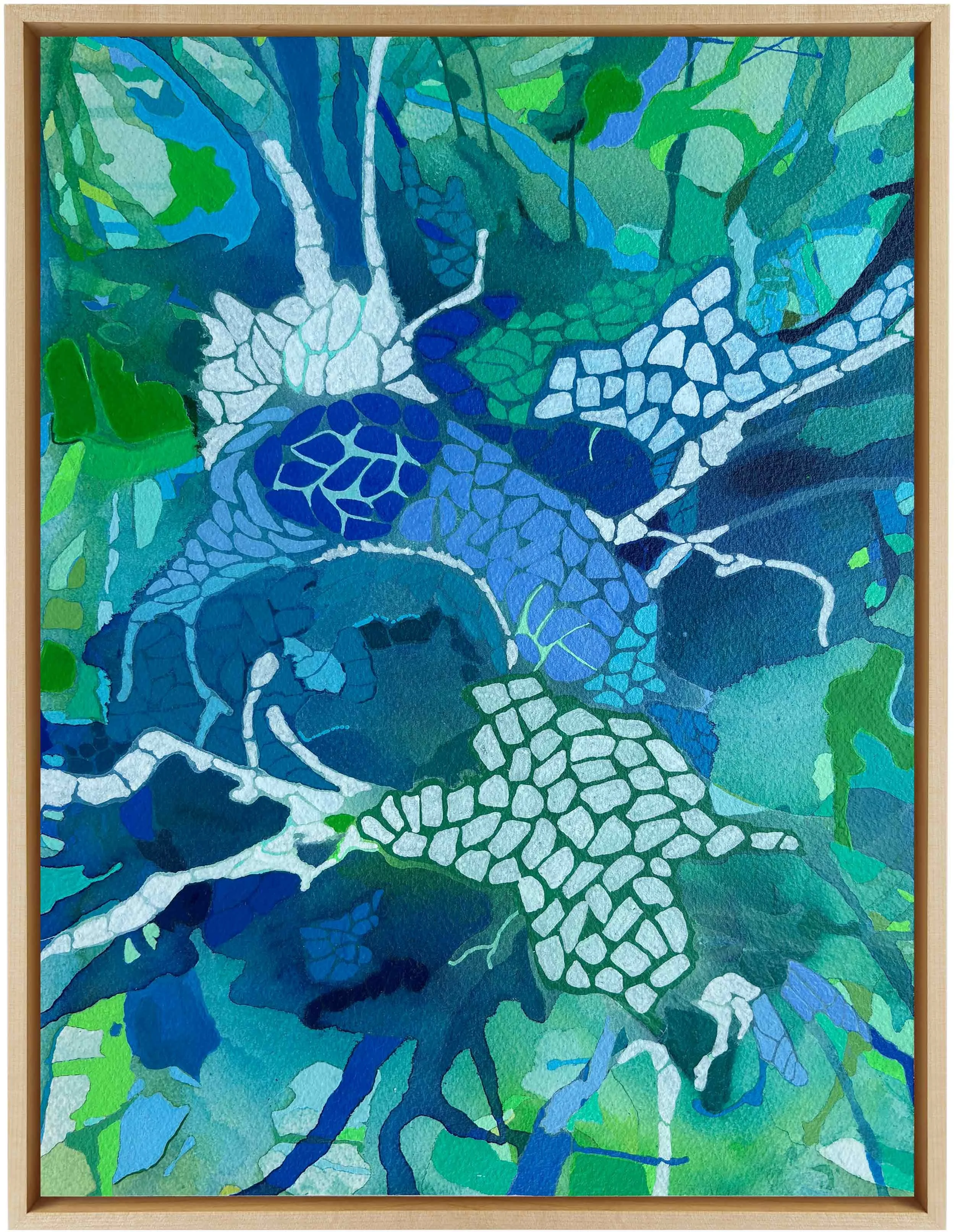 Abstract painting “Surroundings” by Calie Durant, featuring layered color and expressive movement, photographed in natural light.