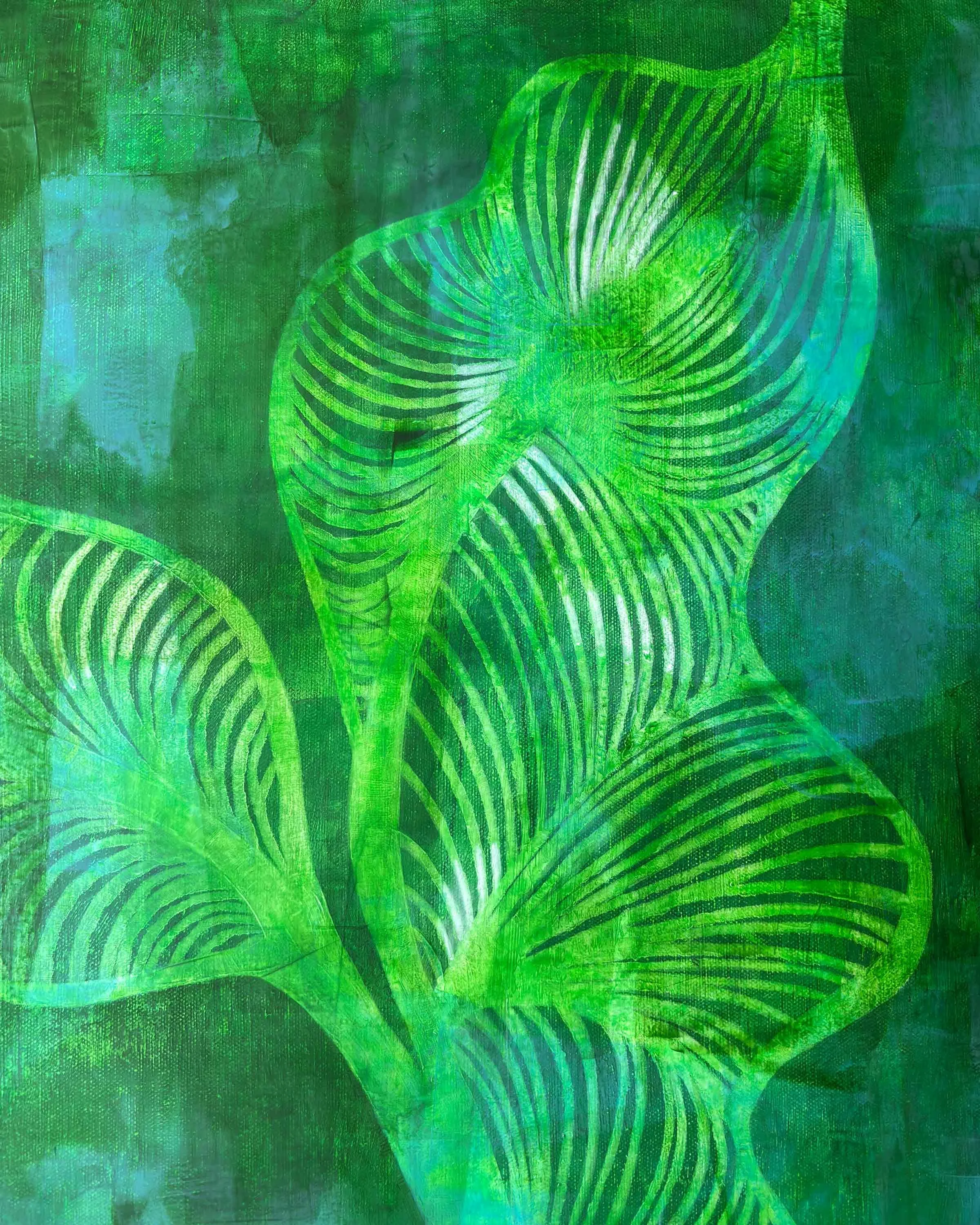 Close-up detail of Bloom, original green abstract painting by Calie Durant