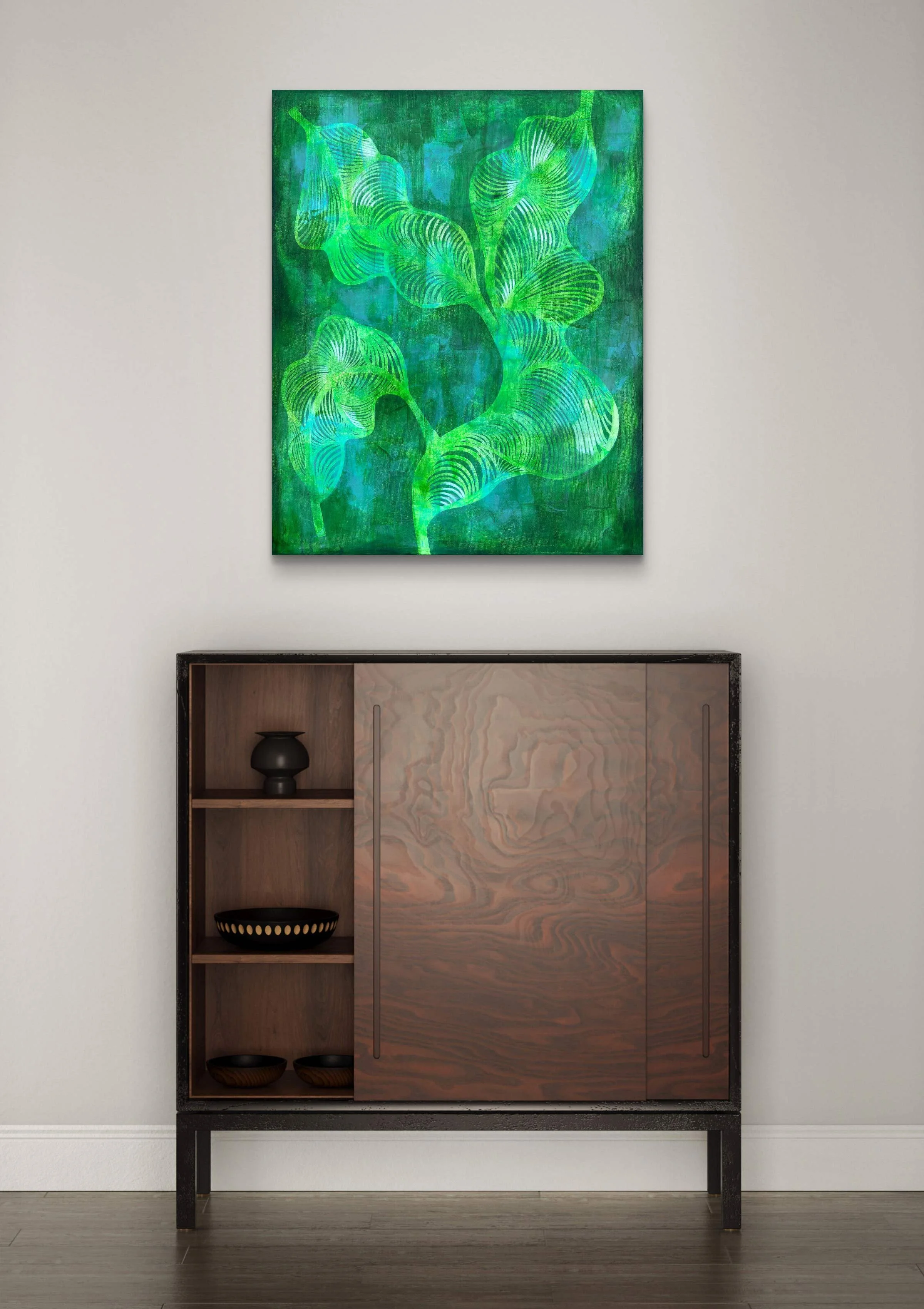 Bloom abstract painting by Calie Durant installed in a modern hallway interior