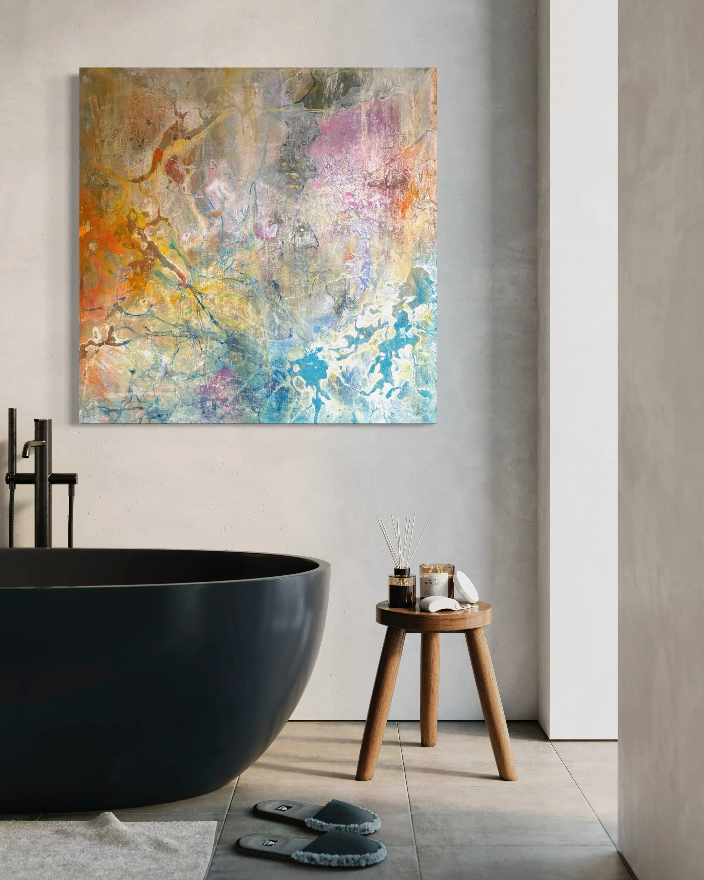 Abstract painting by Calie Durant displayed in a modern, minimalist interior.