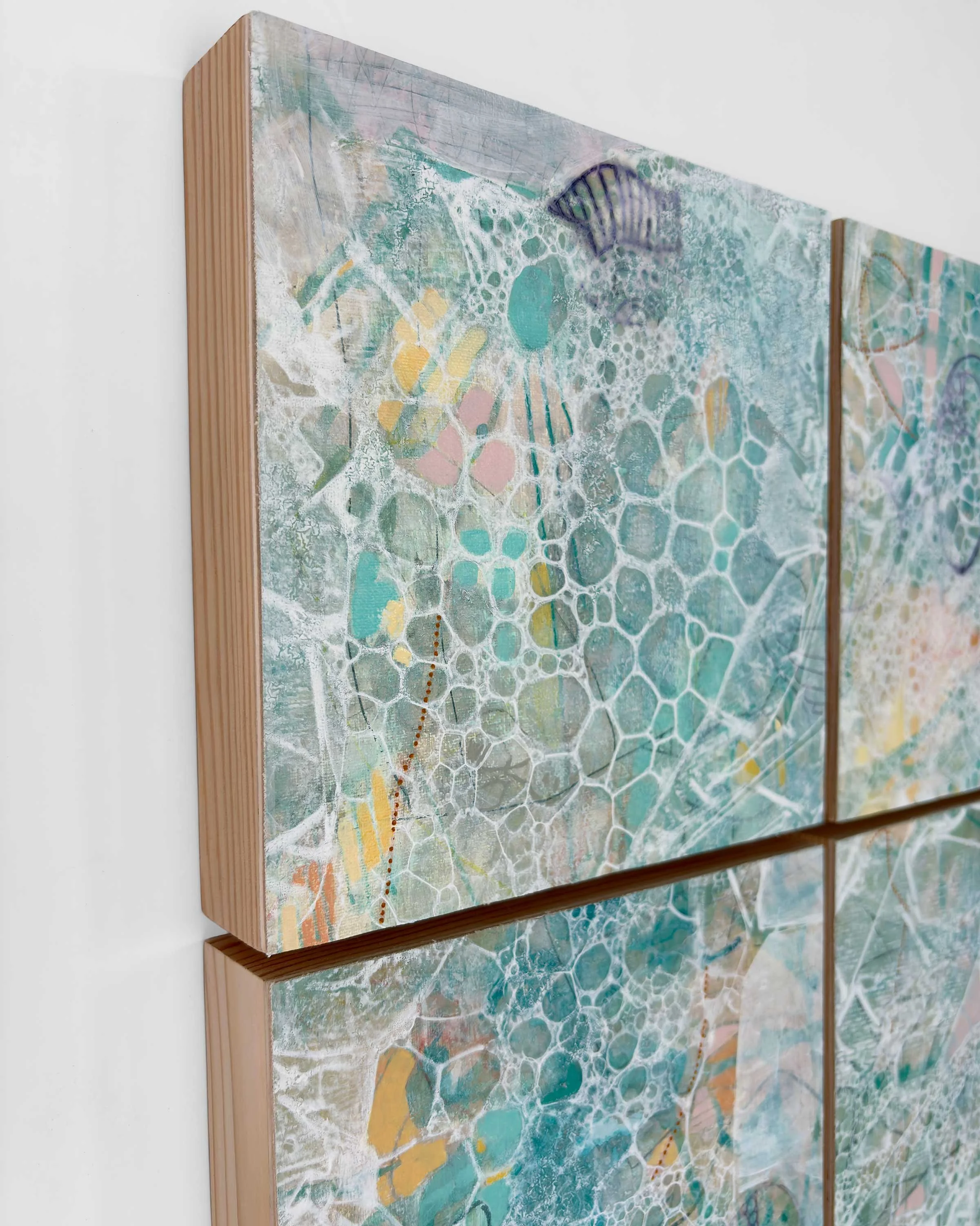 Harmony abstract painting by Calie Durant shown at an angle, six-panel artwork exploring movement and balance