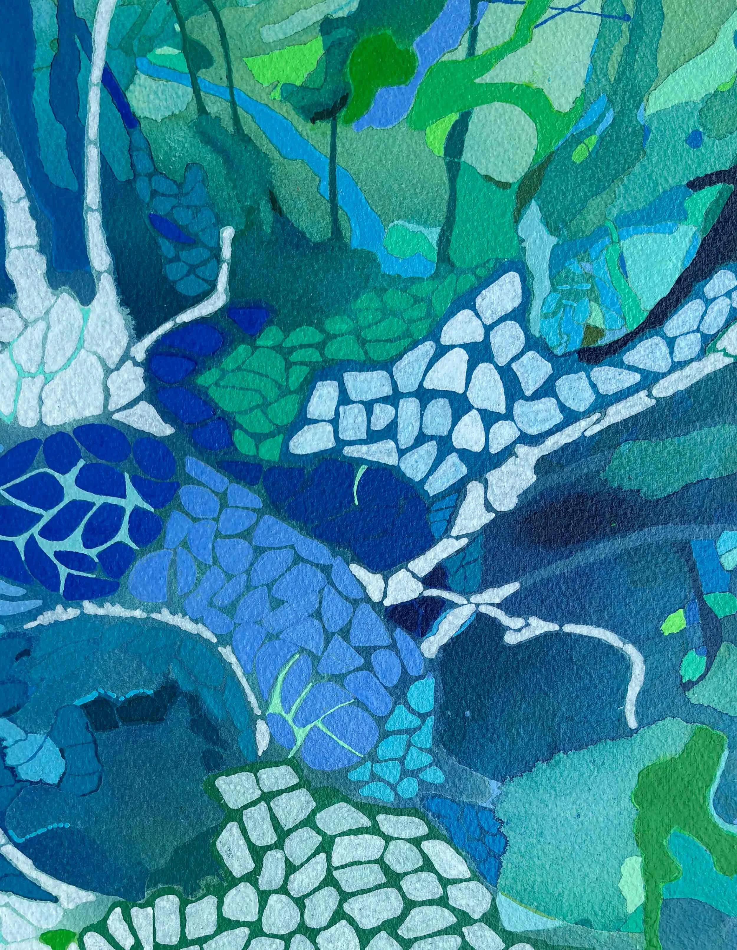 Framed detail view of “Surroundings” by Calie Durant, showing acrylic texture, layered color, and light maple frame.