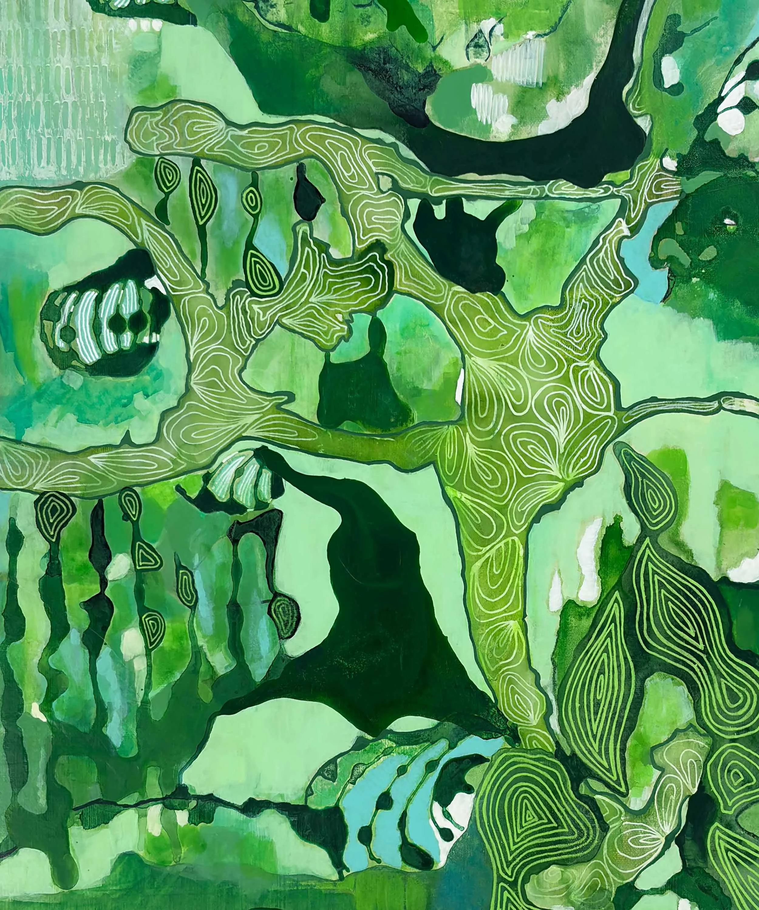 Close-up detail of the abstract painting “Momentum” by Calie Durant, highlighting texture, brushwork, and layered color.