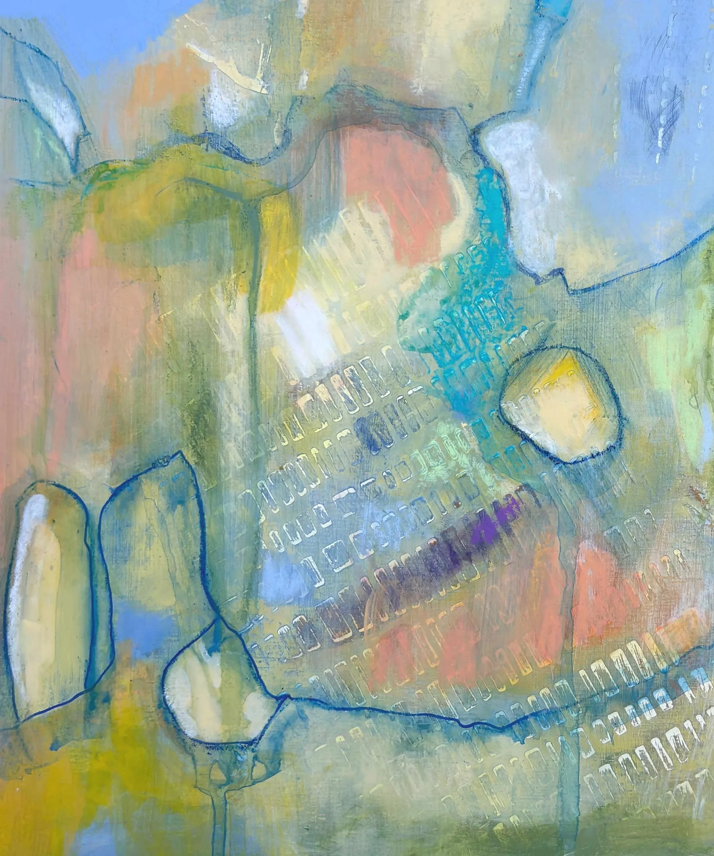Close-up detail of the abstract painting “Echoes of Light II” by Calie Durant, showing texture, nuanced color transitions, and brushwork.