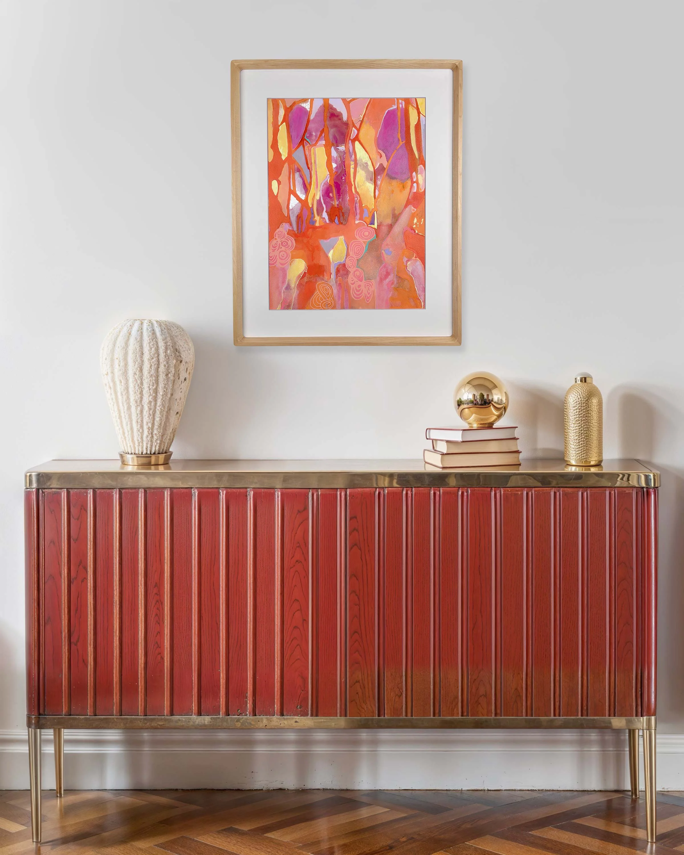 “Sunset II” by Calie Durant displayed in a modern living room interior, contemporary abstract wall art.