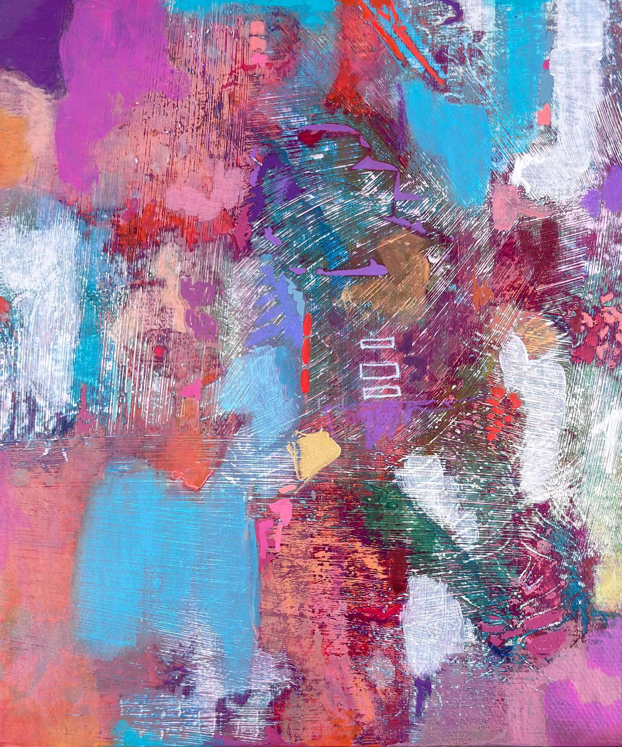Close-up detail of “Violet Current” abstract painting by Calie Durant, showing textured acrylic layers and vibrant violet and blue tones.