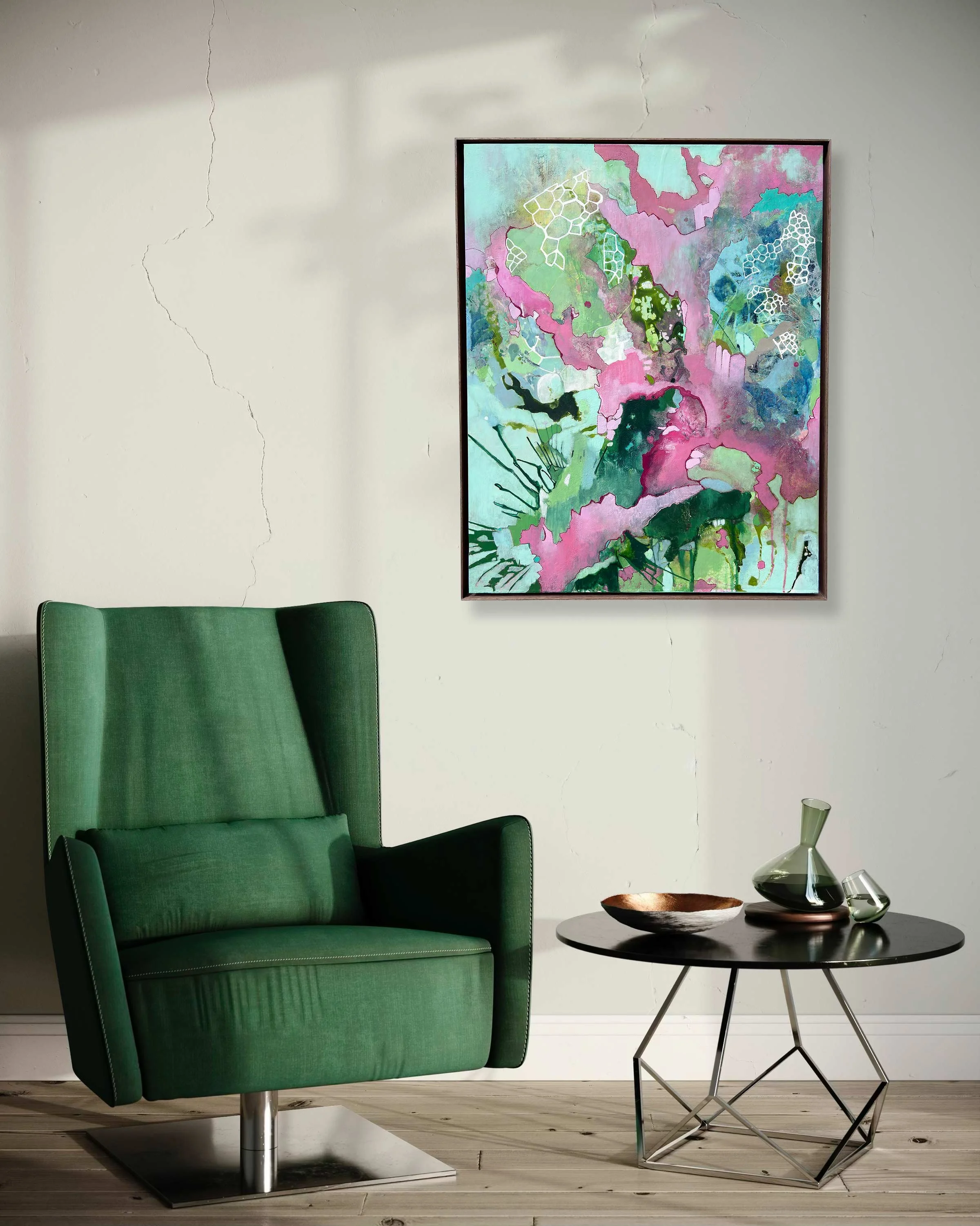 Seaglass abstract painting by Calie Durant installed in a modern Hawaii living room