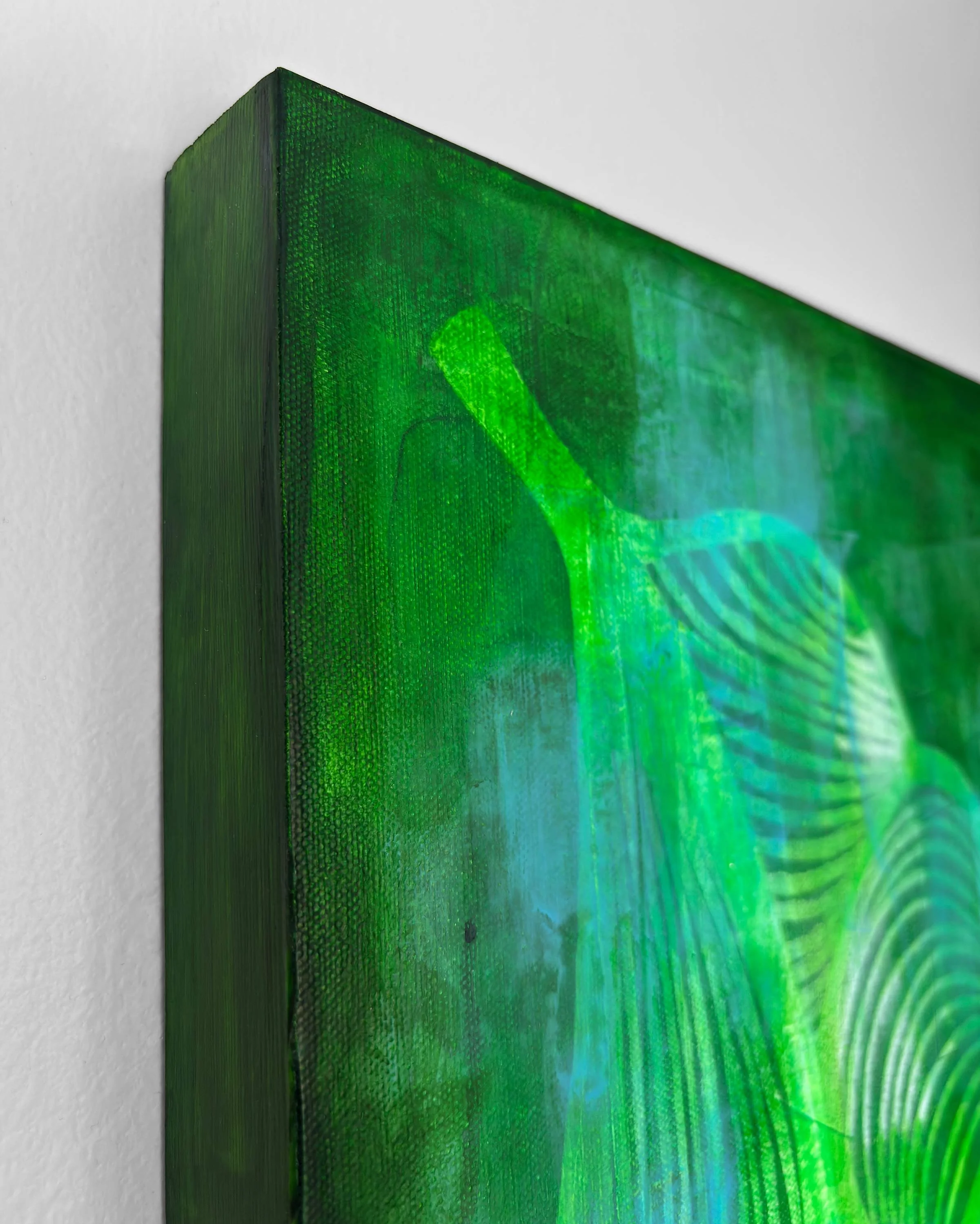Corner detail of Bloom abstract painting showing layered green textures