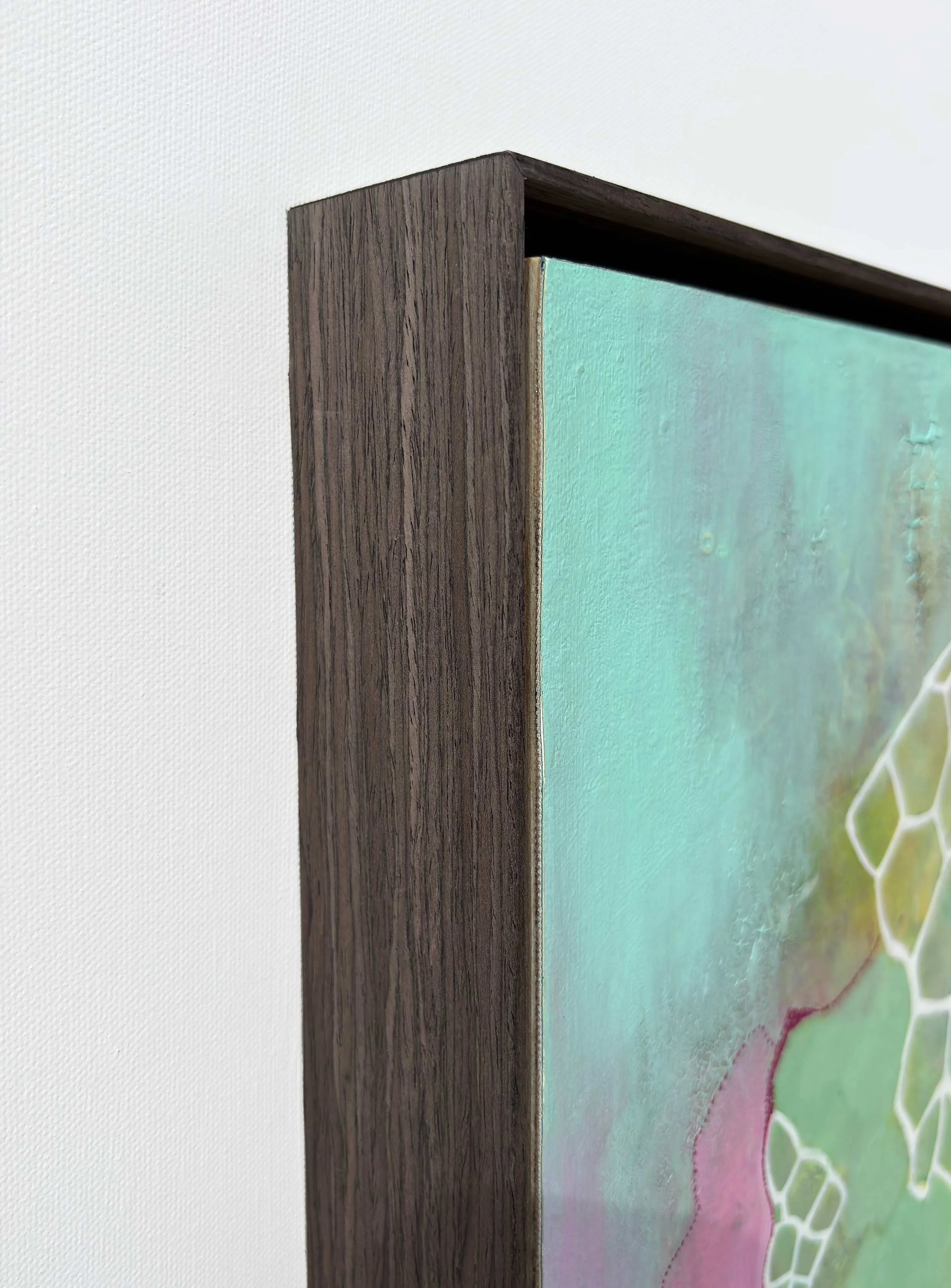 Framed corner detail of Seaglass abstract painting by Calie Durant