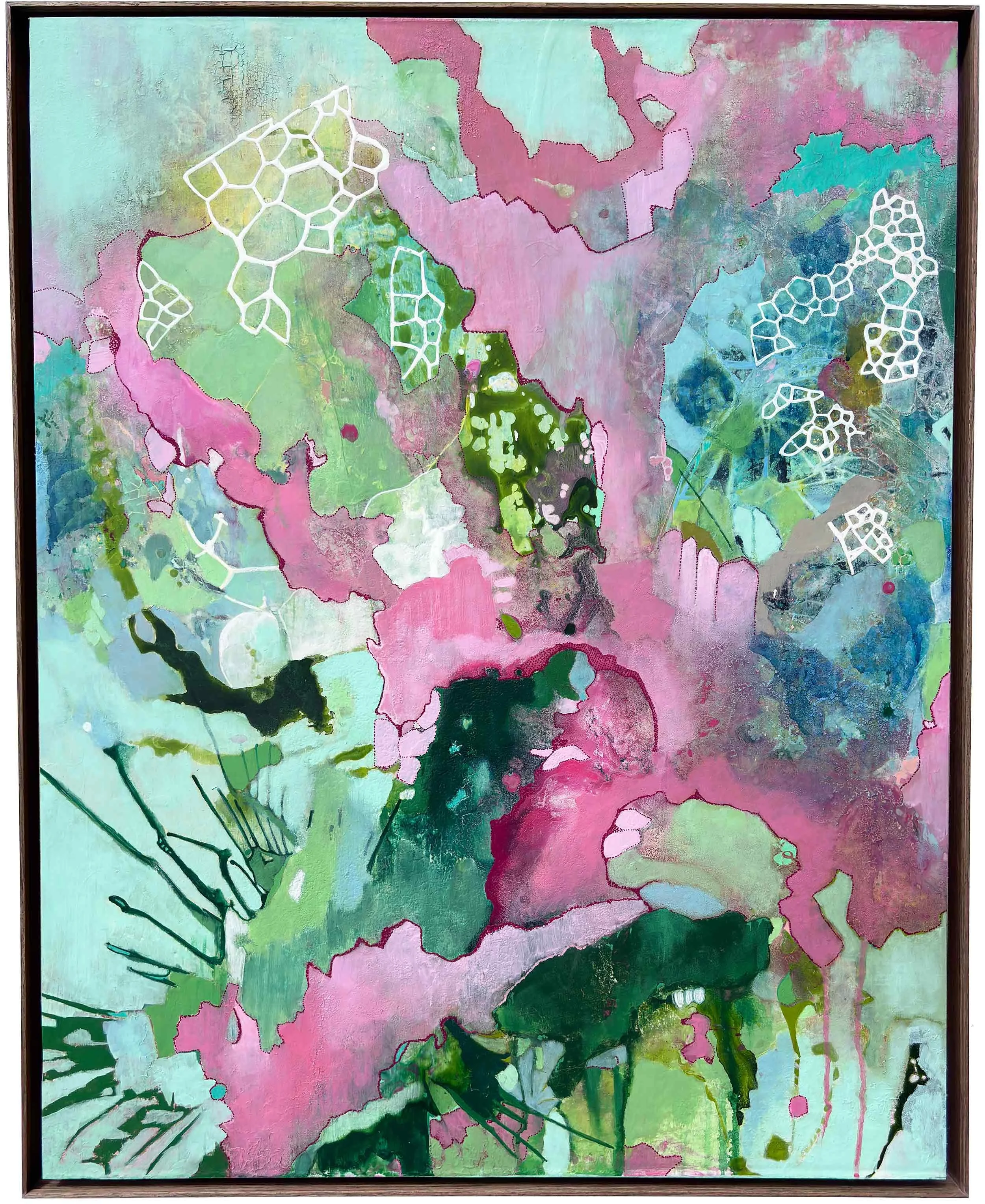 Abstract painting in pink, teal, mint, and deep green with layered textures, organic shapes, and white cellular linework.