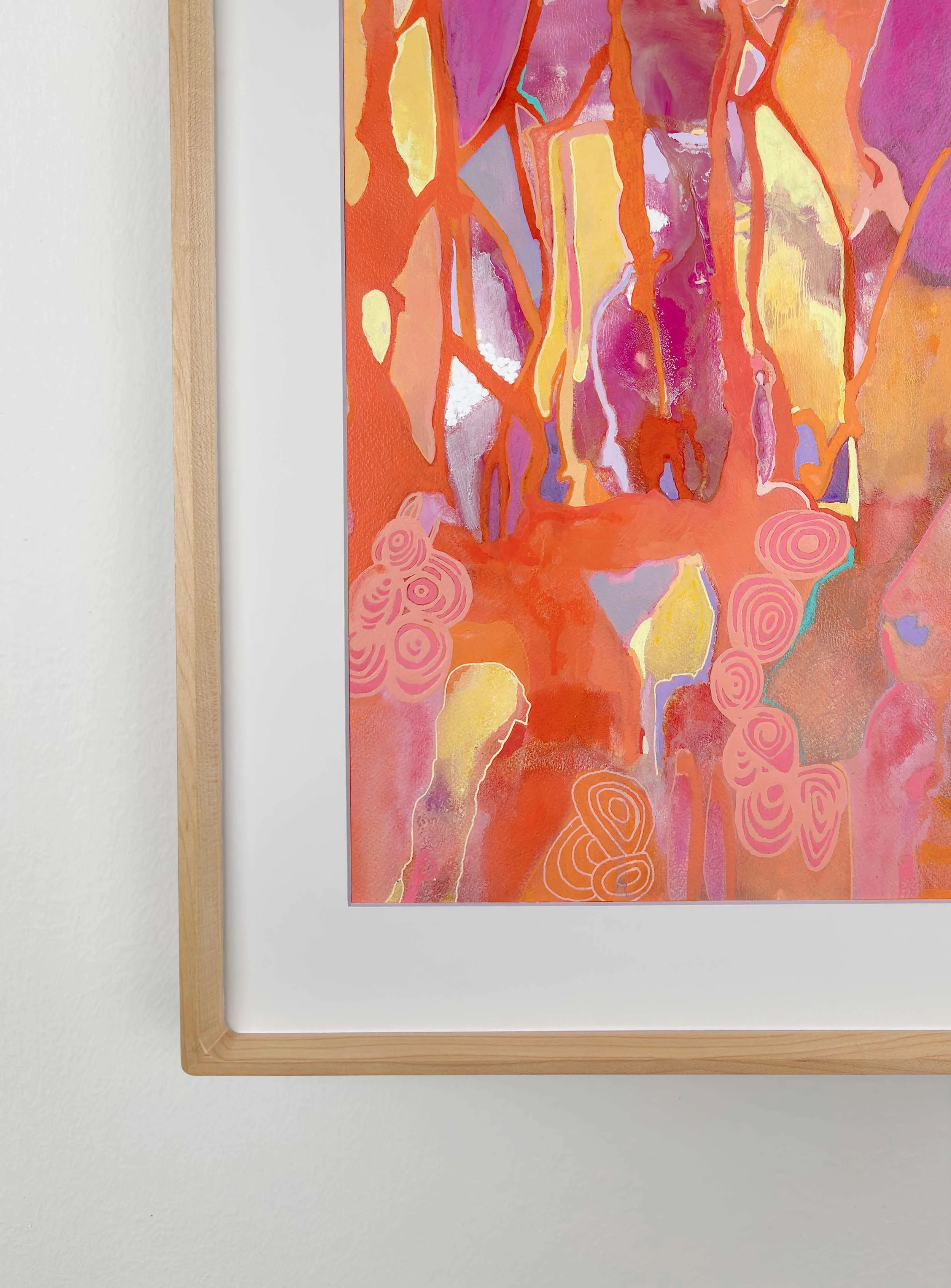 Framed corner detail of “Sunset II” by Calie Durant, showing fine art paper and frame edge.