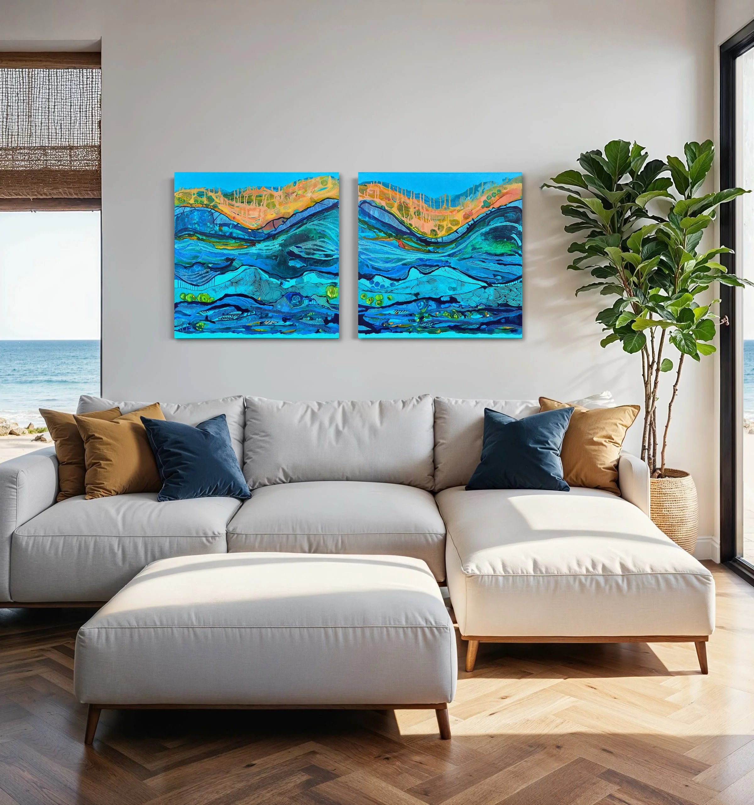 Wavelength diptych by Calie Durant displayed in a contemporary living room, showing the scale of the original abstract painting.
