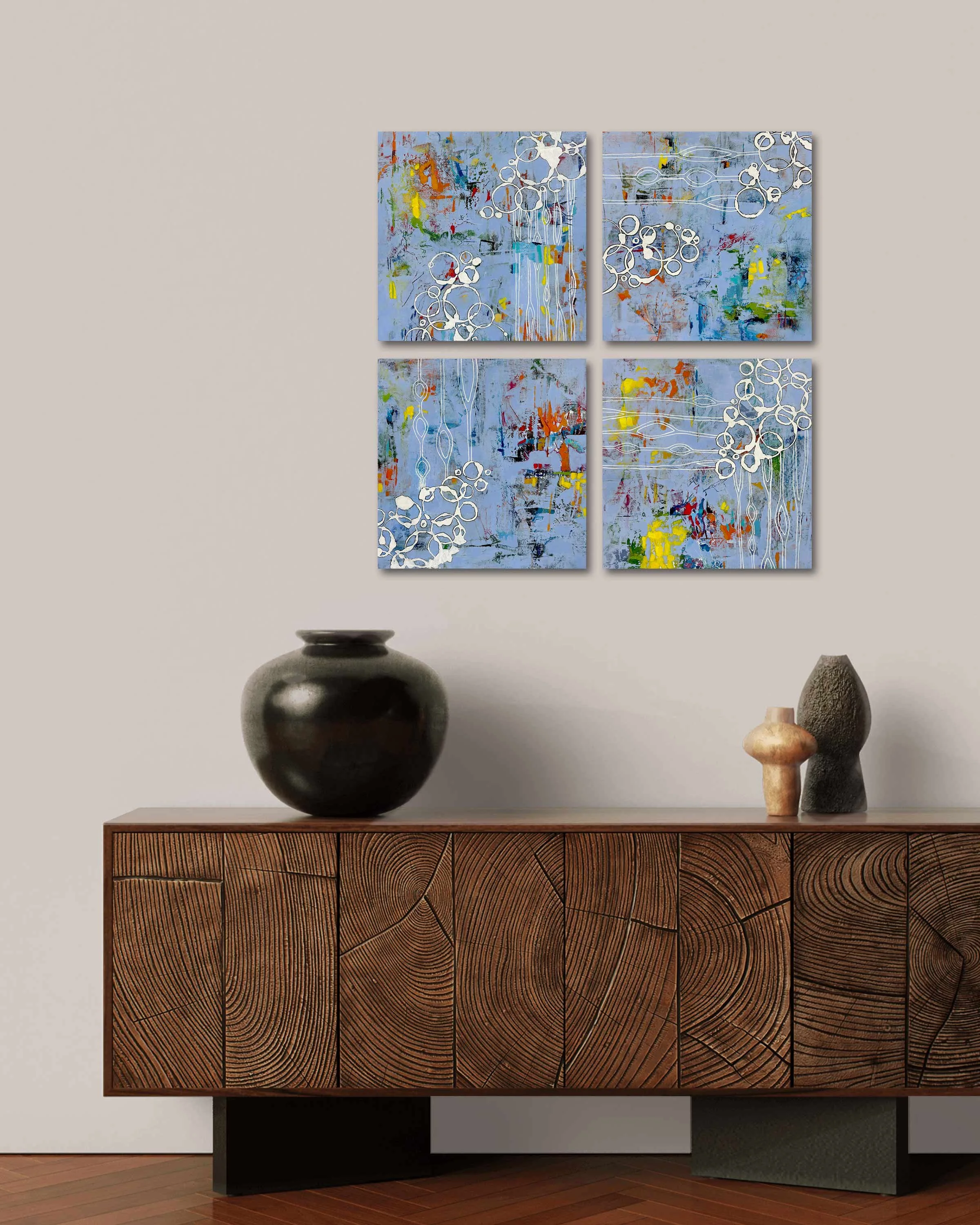 Abstract painting Hidden Tides by Calie Durant displayed in a modern Hawaii entryway with soft natural tones and ocean-inspired textures.