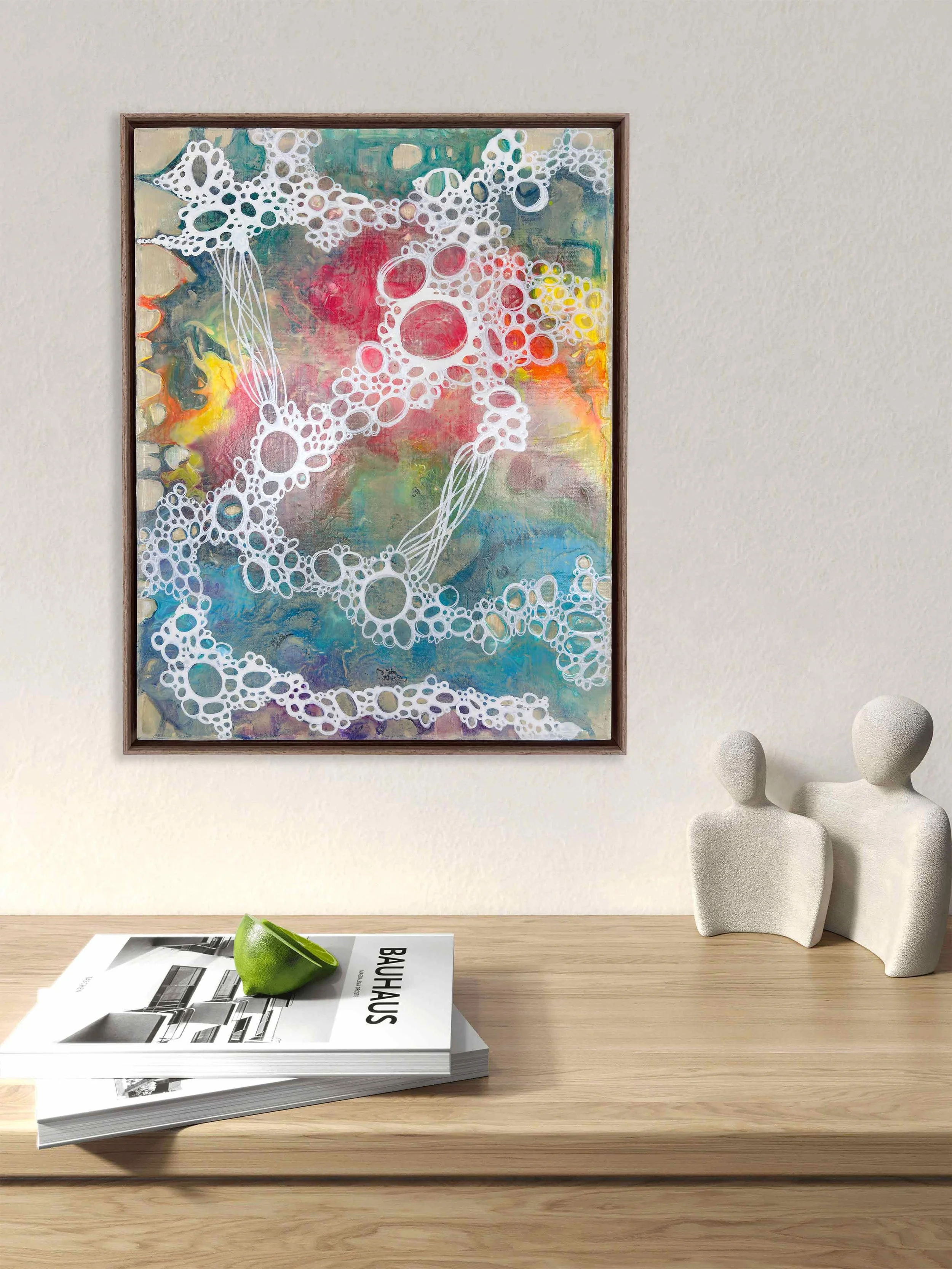 “Reflection” abstract painting by Calie Durant displayed in a modern living room interior, shown installed on a wall.