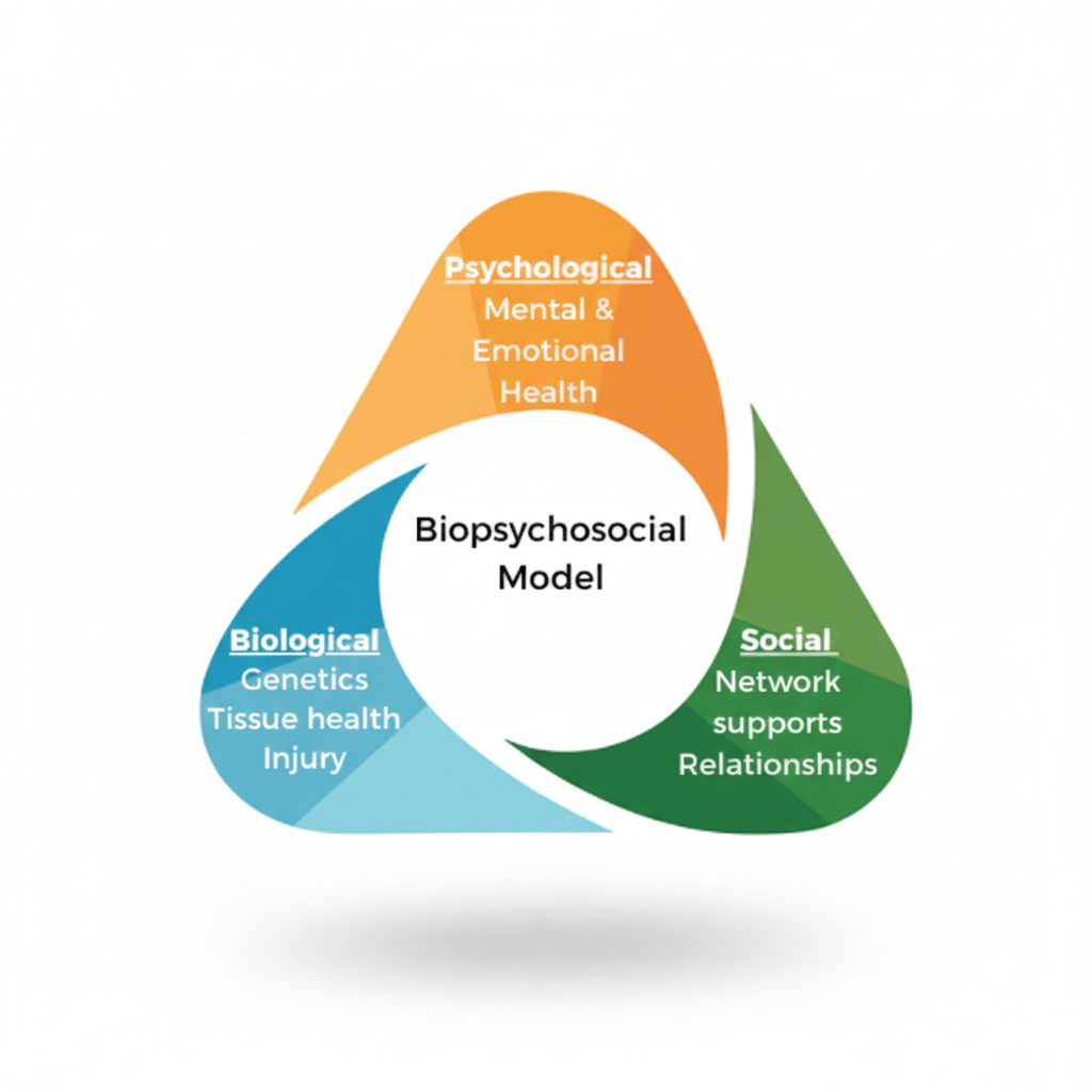 Diagram of the Biopsychosocial Model showing three interconnected factors: Psychological (mental and emotional health), Biological (genetics, tissue health, injury), and Social (network supports, relationships).