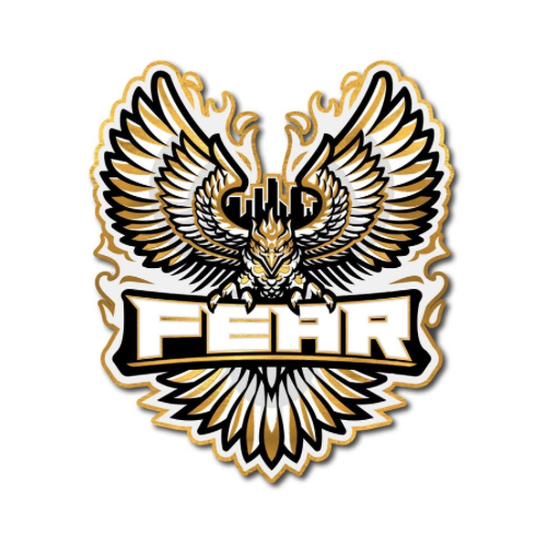 A stylized graphic of an eagle with outspread wings, featuring the words 'GOD' above its head and 'FEAR' across its body, in black, white, and gold outline.