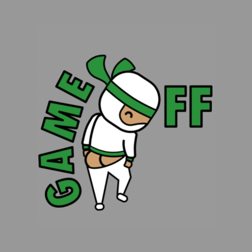 Cartoon character with a green and white striped hat, pulling down white pants, with the text "GAM E FF" on a gray background.