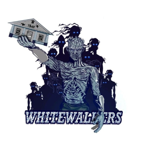 Illustration of a zombie-like figure holding a house labeled 'Trap' in front of a group of shadowy figures with glowing eyes. The text 'Whitewalkers' is at the bottom.