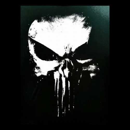 Black and white graffiti of a skull with a hood, resembling the Punisher logo.