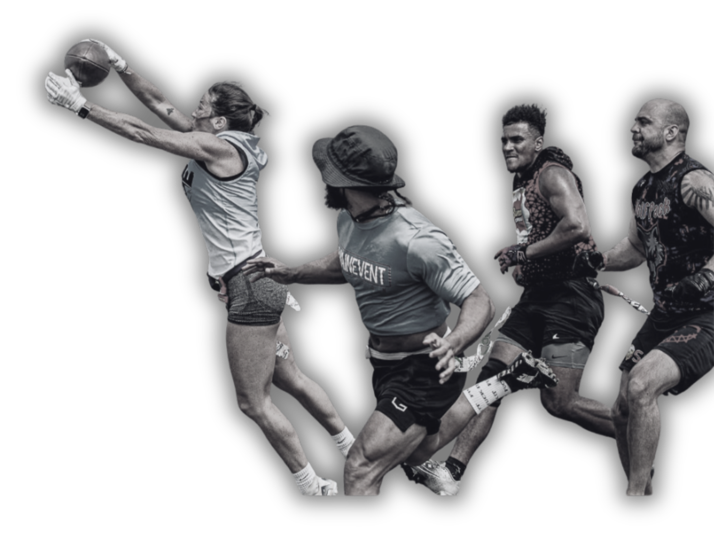 Black and white photo of four athletes running, with the first athlete reaching out with a basketball, while the others chase behind.