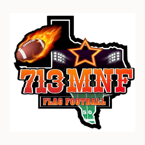 Texas shaped logo with a flaming football, a star, football stadium lights, and the text '713 MNF' and 'Flag Football' with a green flag showing the number 50.