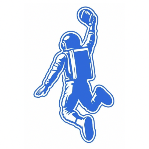 Blue outline of an astronaut catching a football with one arm raised.