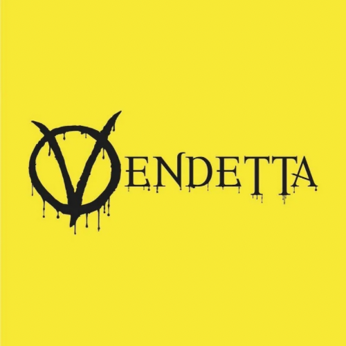 Black logo of the letter V inside a circle with dripping paint effect, next to the word 'Endetta' in black on a yellow background.