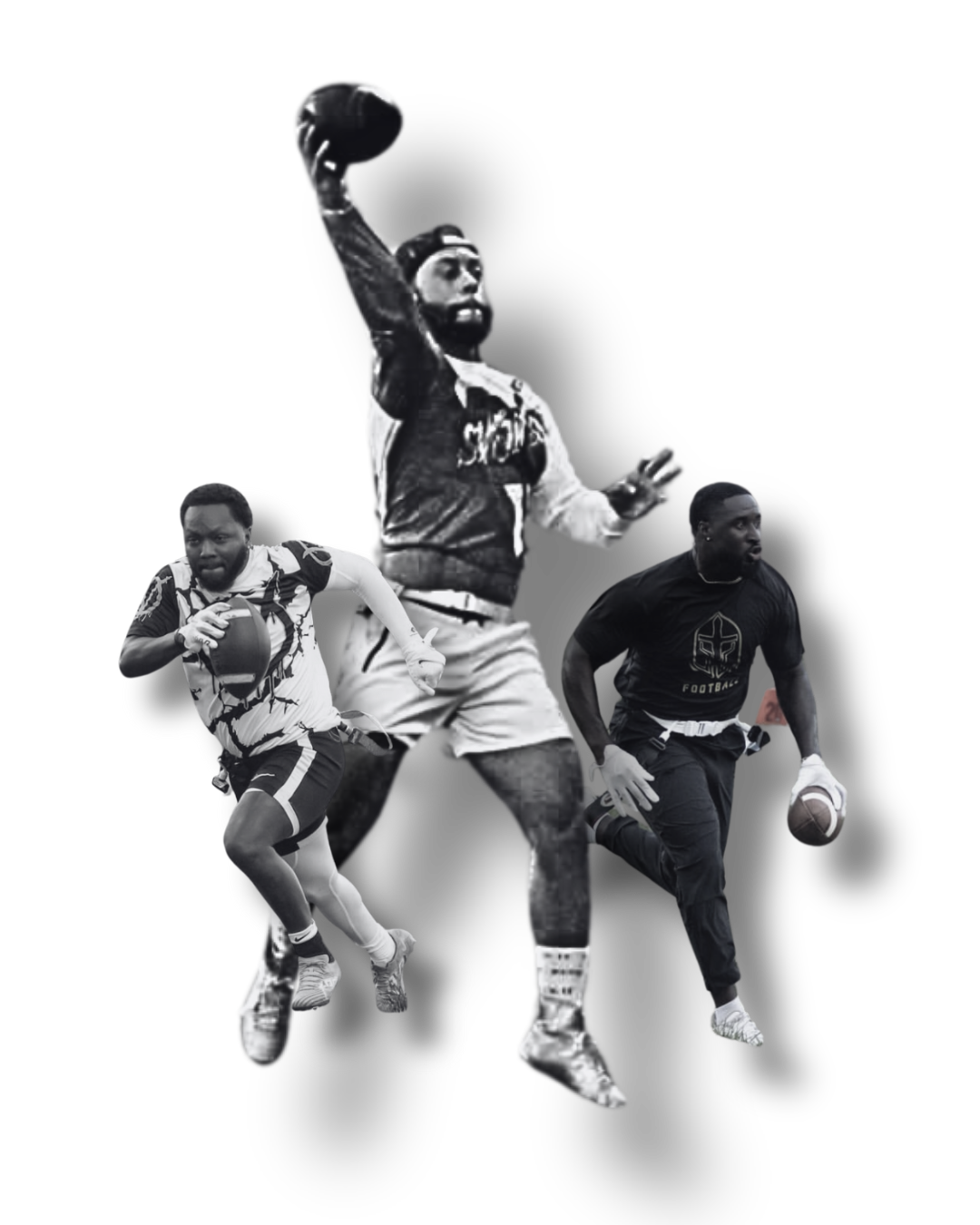 Collage of three black and white athletes: a football player running with the ball, a basketball player mid-action, and a football player preparing to throw or pass.