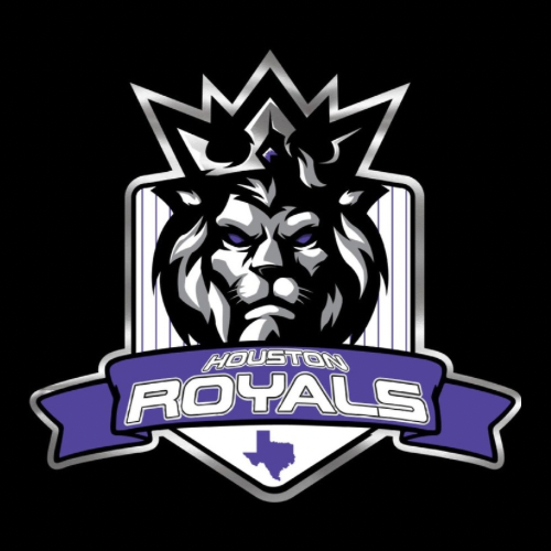 Logo of the Houston Royals featuring a lion's face with a crown, a purple banner with team name, and a shield with the state of Texas.