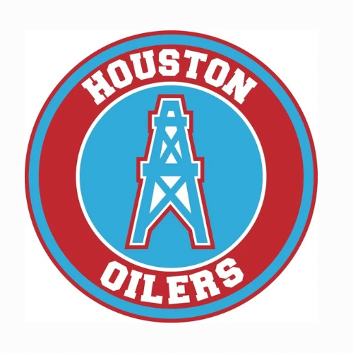 Logo of the Houston Oilers featuring a stylized oil derrick in the center, with the team name in a circular design.