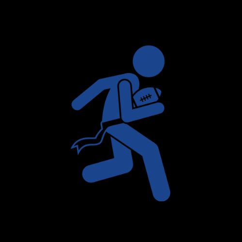 Graphic of a blue running person holding a football, with a small tail-like shape attached to the body.