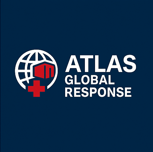 Atlas Global Response logo with a globe, a building, and a red cross on a dark blue background.