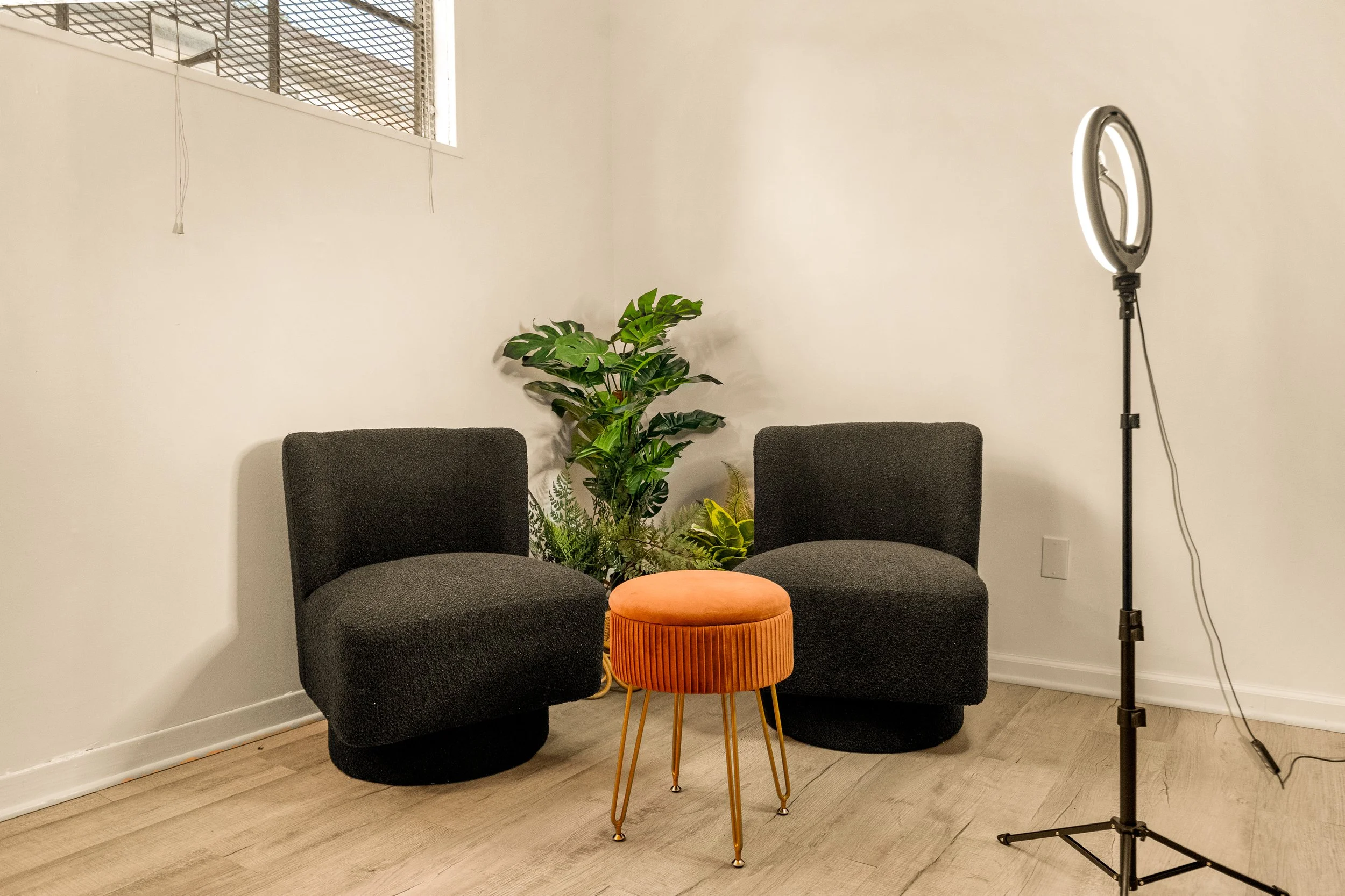 Two black upholstered chairs with a small round pink velvet ottoman between them, a green indoor plant in the background, a ring light on a stand to the right, and a window with a metal grate in the top left corner inside a minimalistic room.